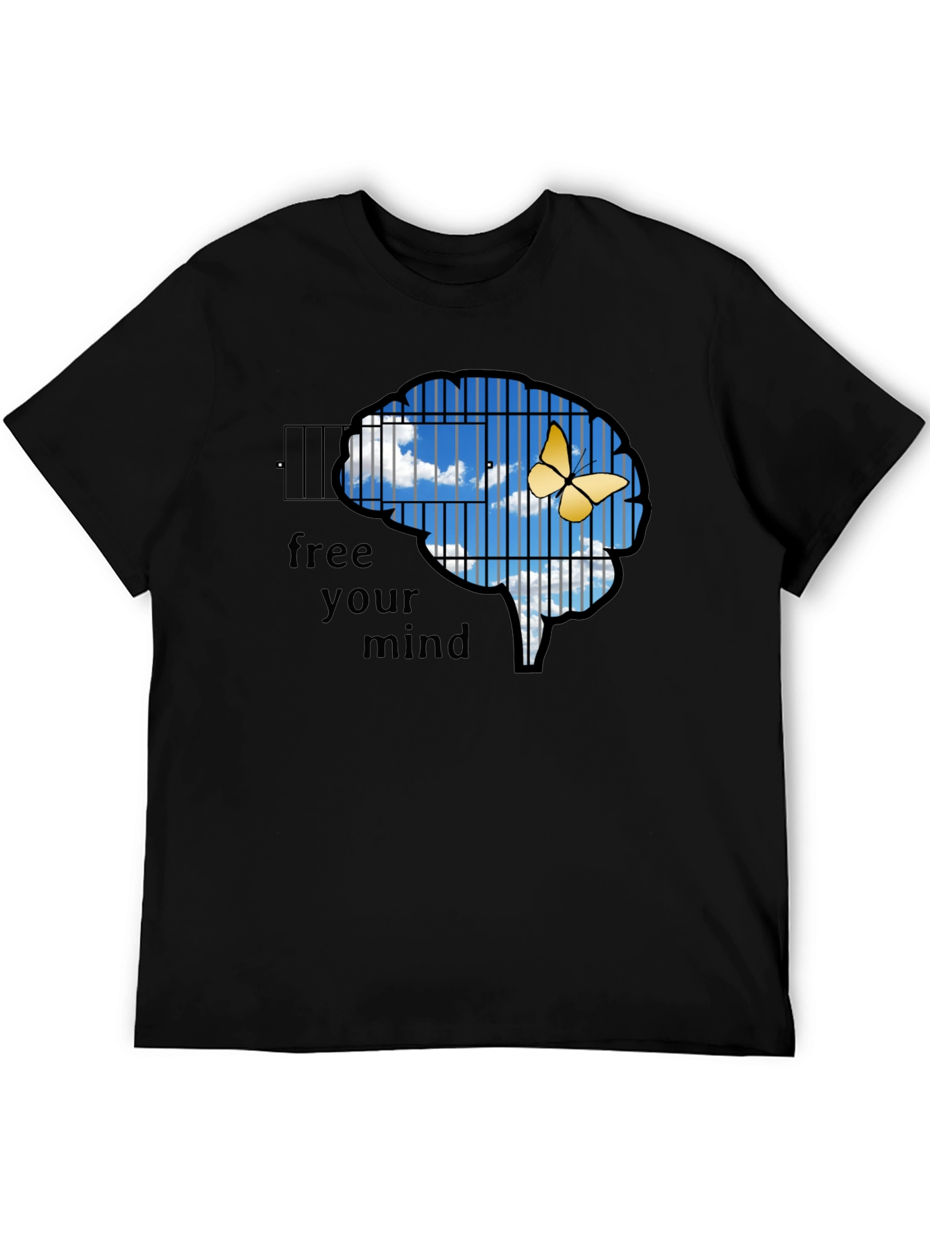 Black Free Your Mind T-Shirt: Brain Cage & Butterfly Graphic Tee view 5