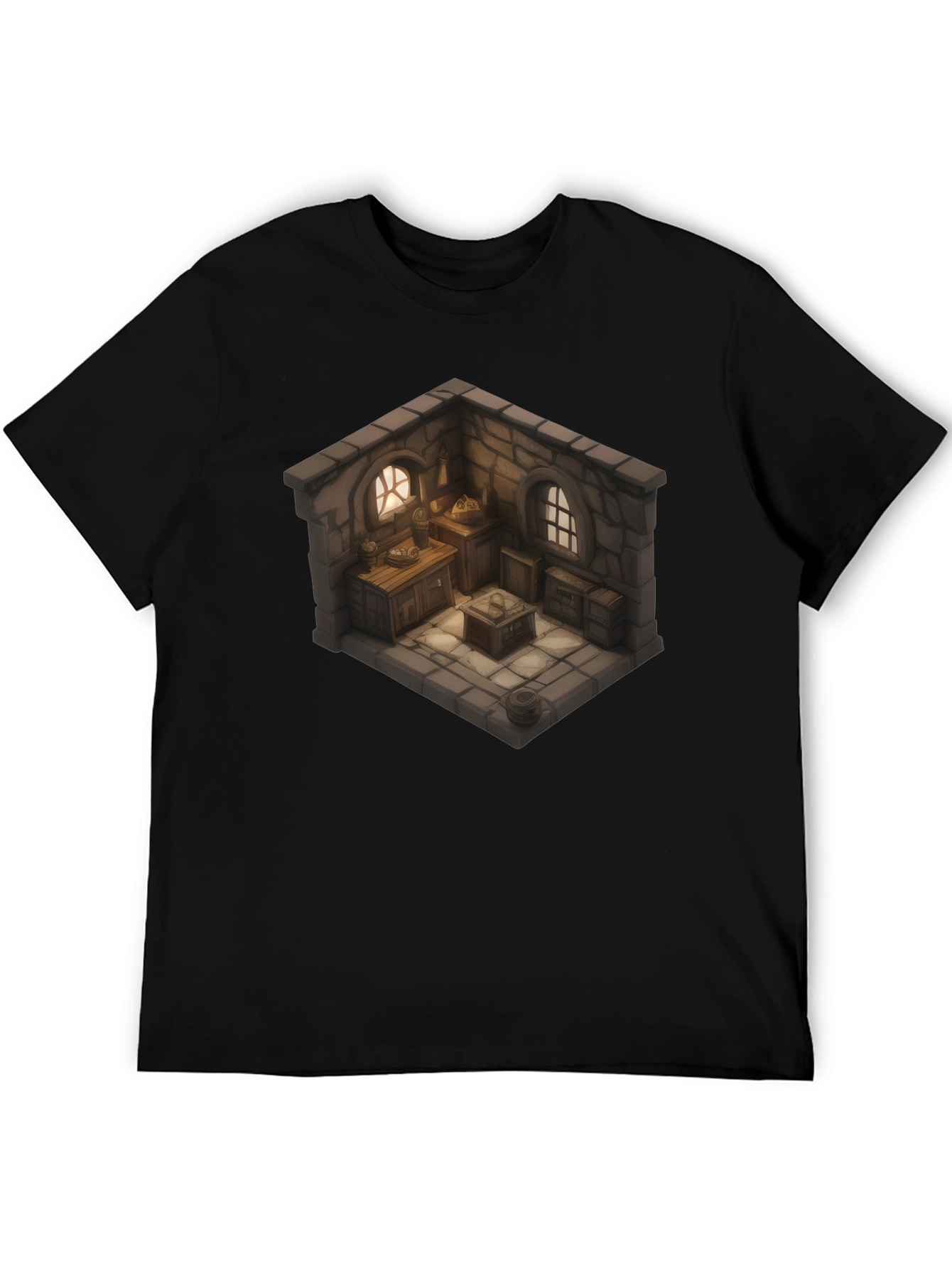Black Isometric Medieval Room T-Shirt - Fantasy Decor Tee view 5