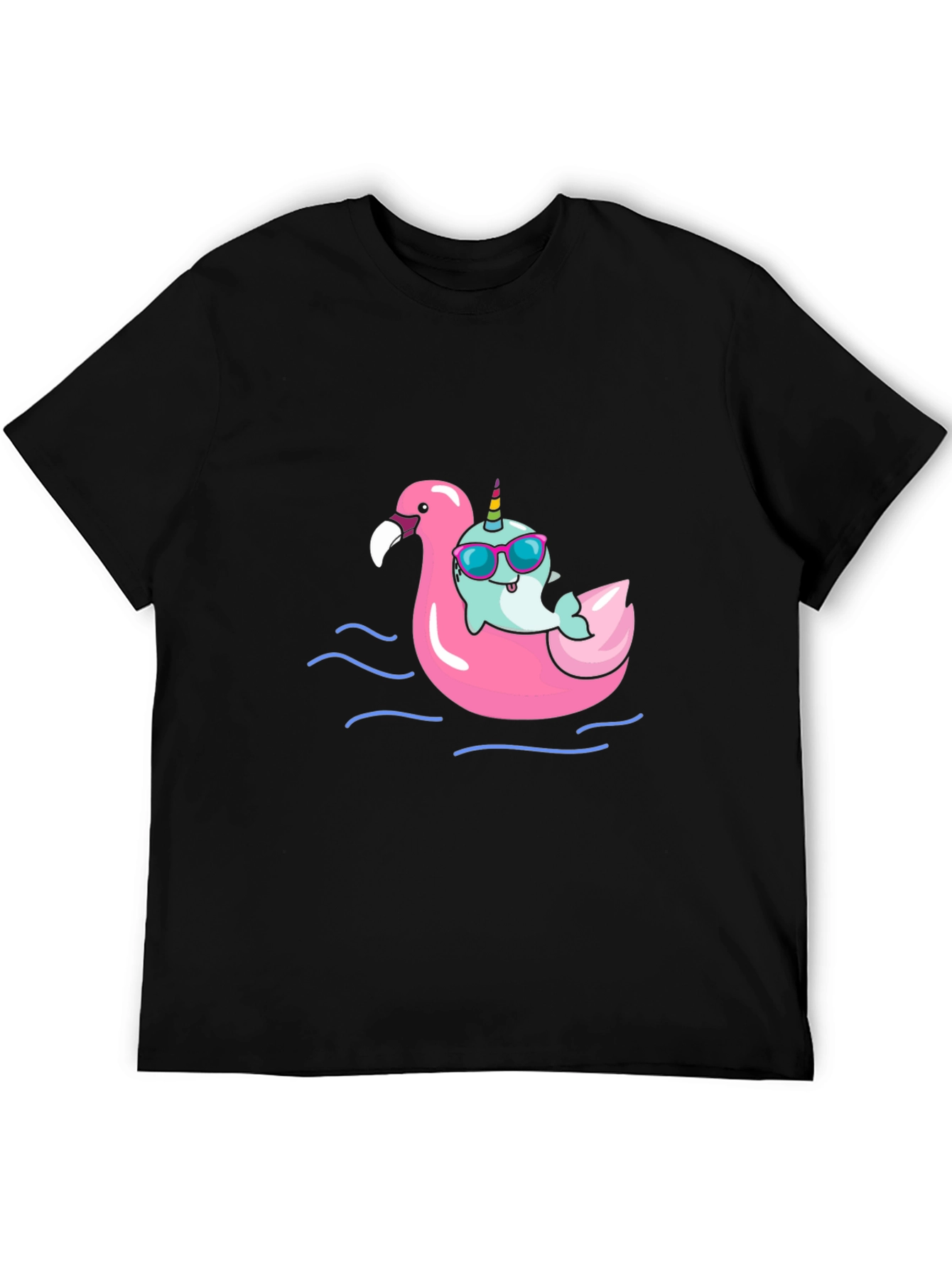Black Narwhal on Flamingo Float Black T-Shirt view 5