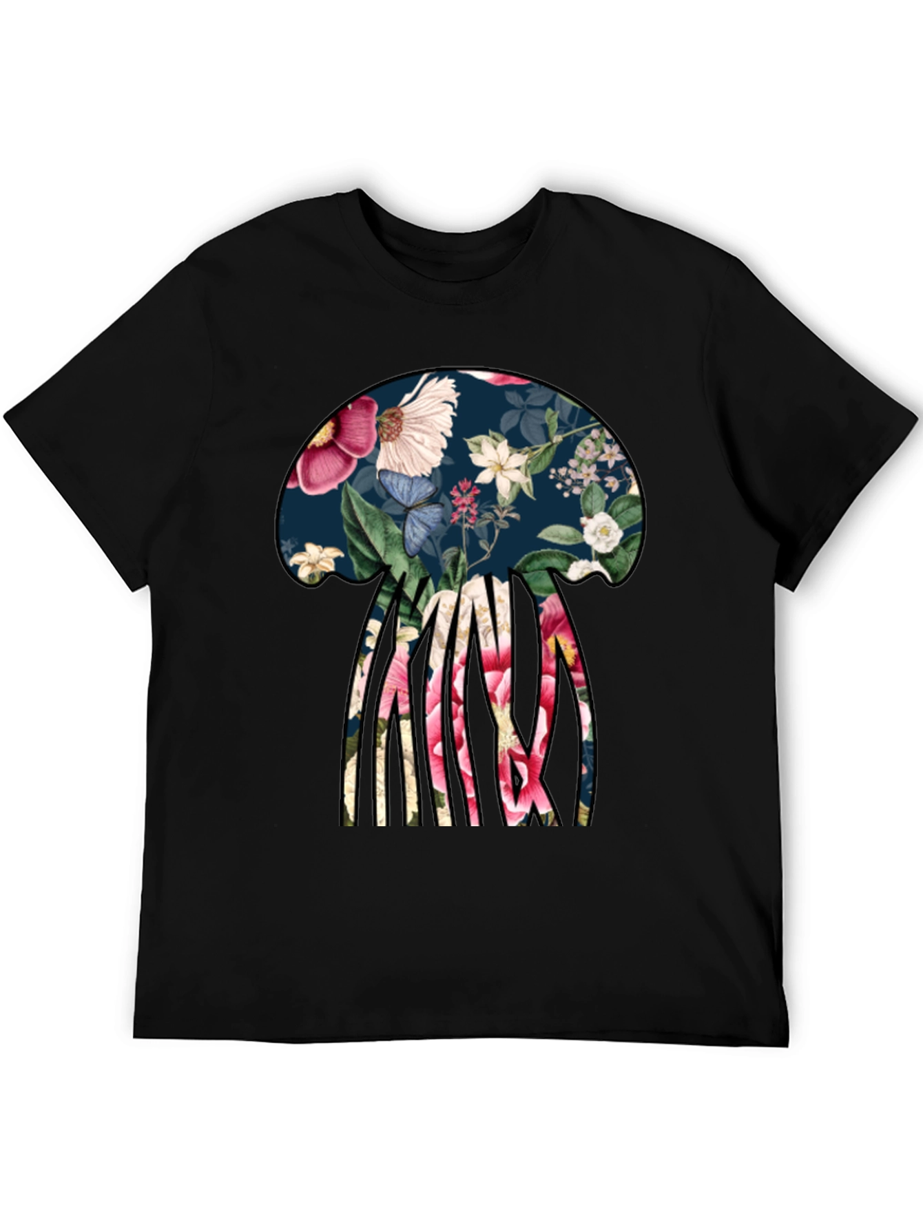 Black Floral Jellyfish Graphic Tee - Black Cotton T-Shirt view 5