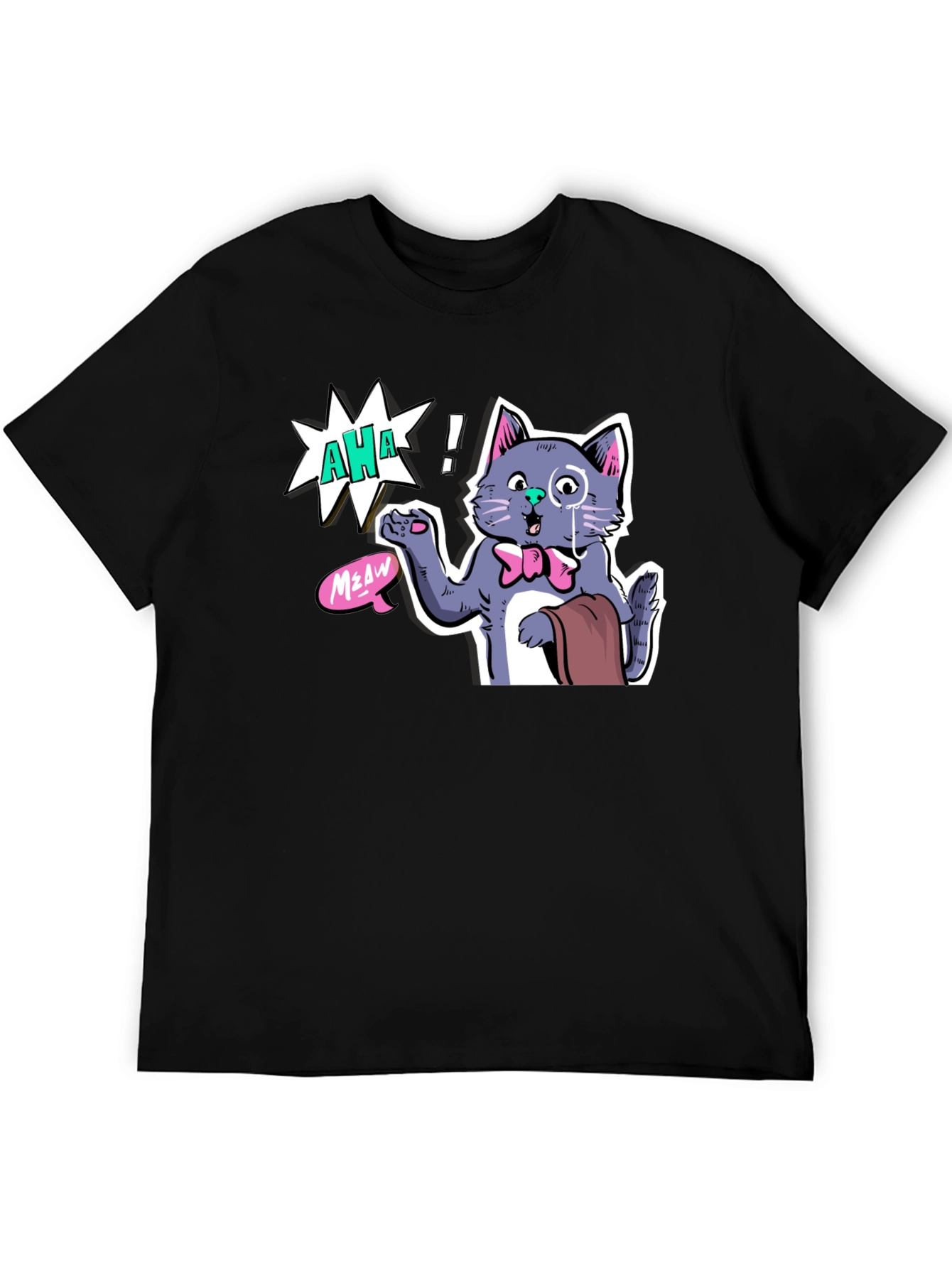 Black AHA! Monocled Cat Tee - Quirky Cartoon Style view 5