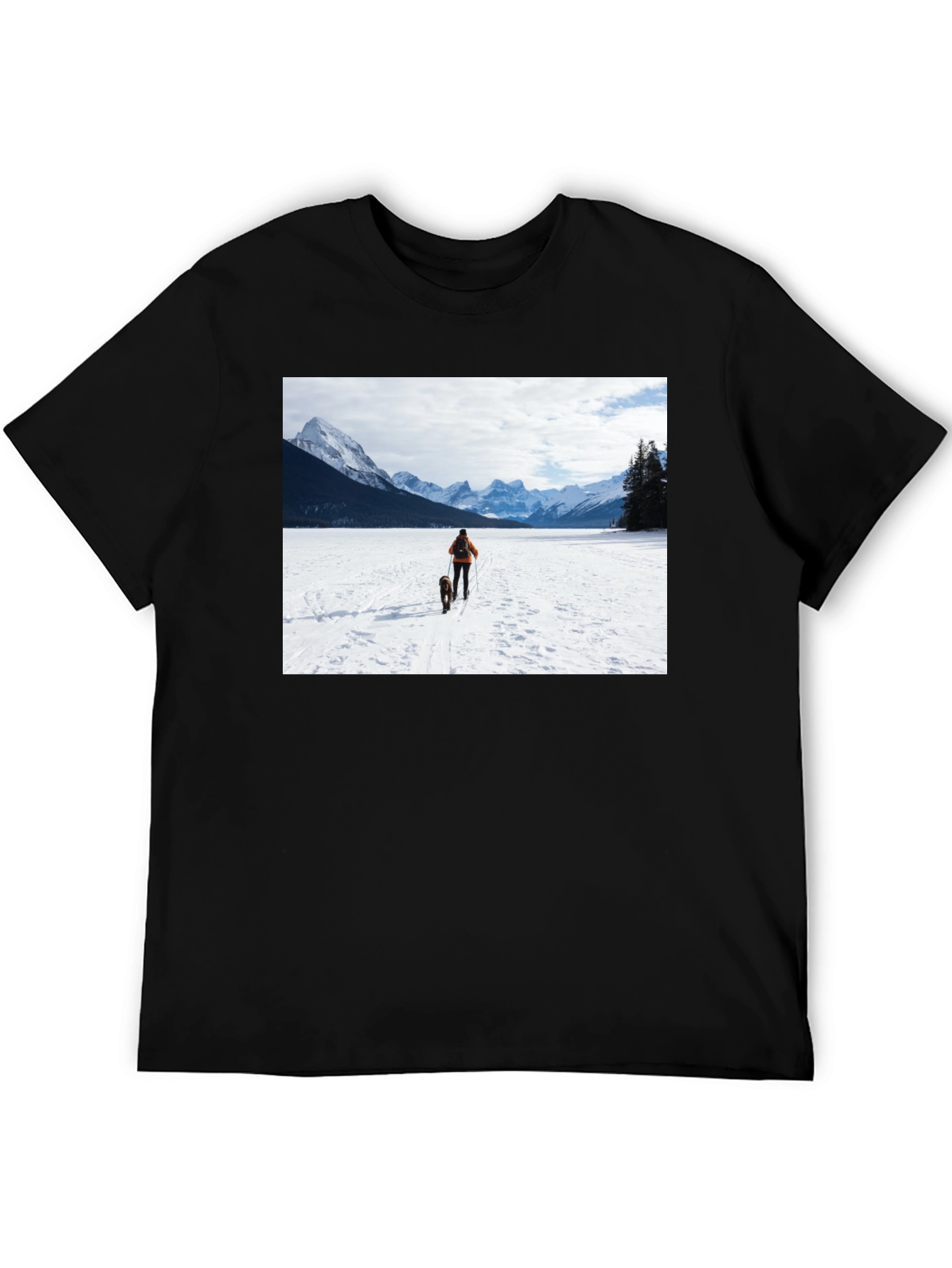 Black Winter Adventure T-Shirt: Skier & Dog Graphic Tee view 5