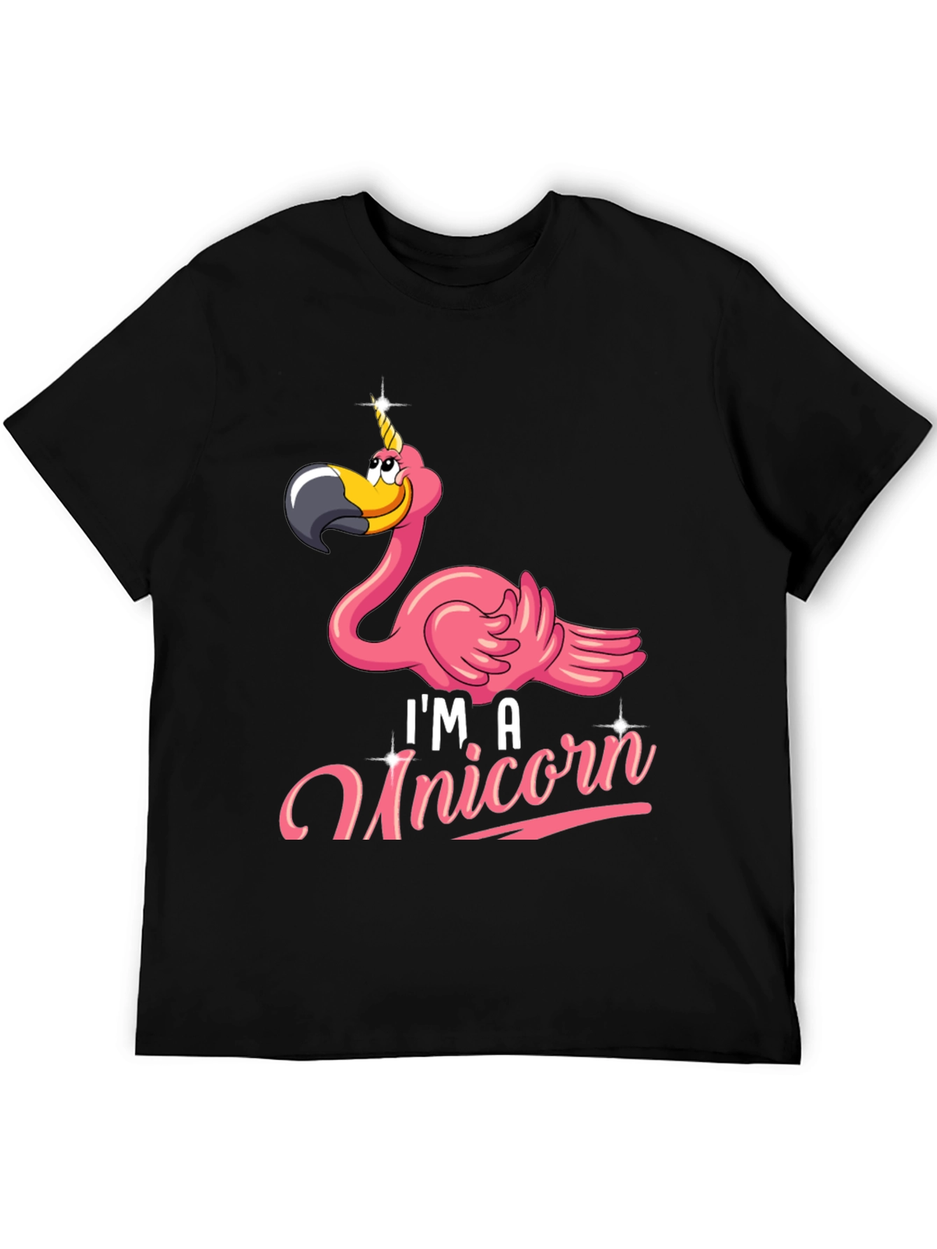 Black Funny Flamingo Unicorn Men's Black T-Shirt view 5