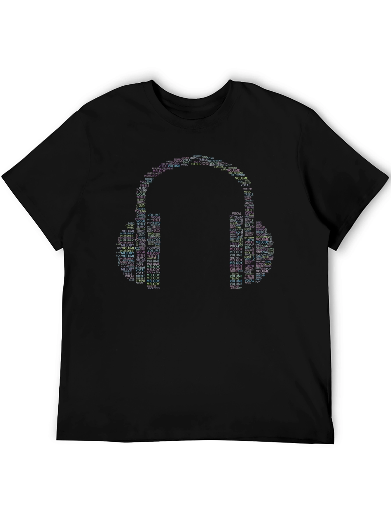 Black Musical Headphones Word Art Graphic T-Shirt view 5