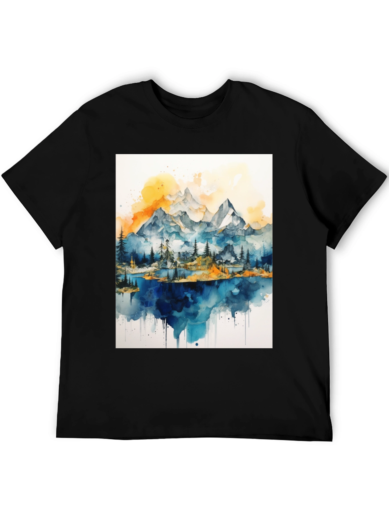 Black Watercolor Mountain Lake Graphic Tee view 5