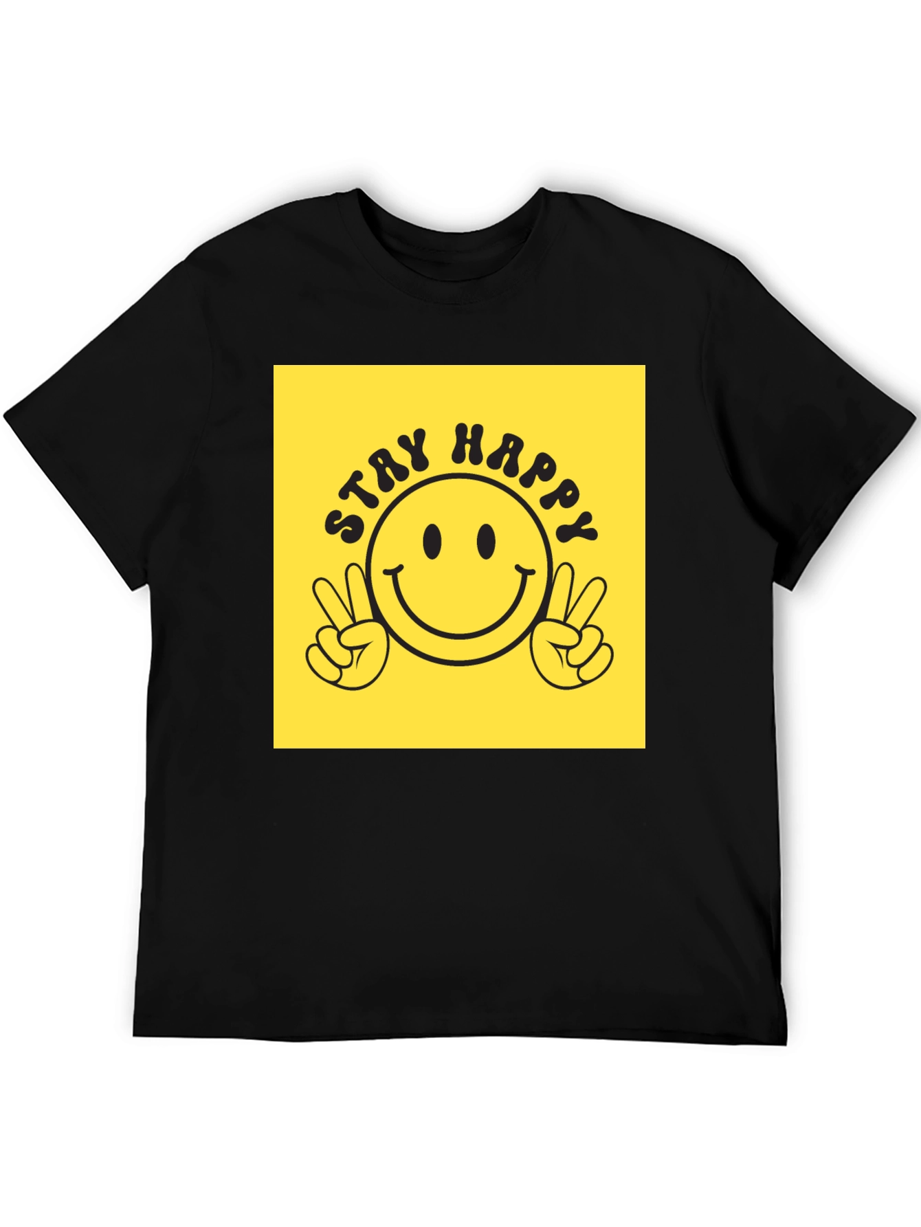 Black Stay Happy Graphic Tee - Retro Smiley Face T-Shirt view 5