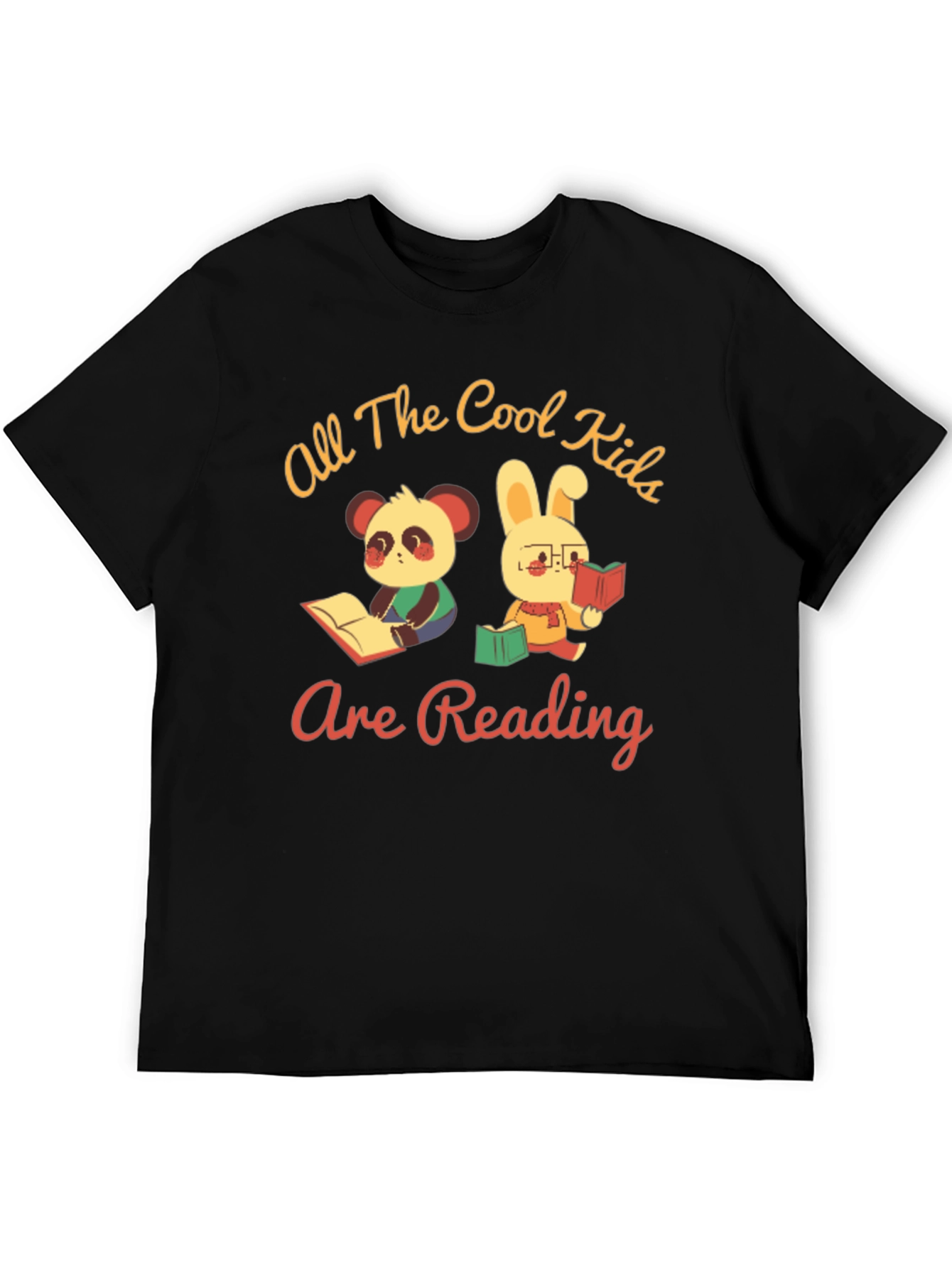 Black Cool Kids Reading T-Shirt: Panda & Bunny view 5