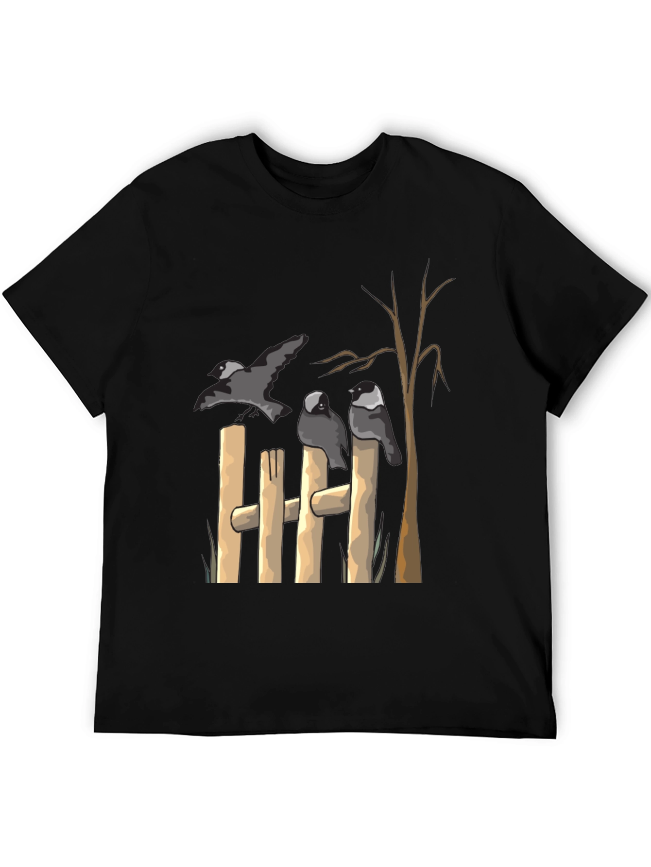 Black Birds on Fence Graphic Black T-Shirt view 5