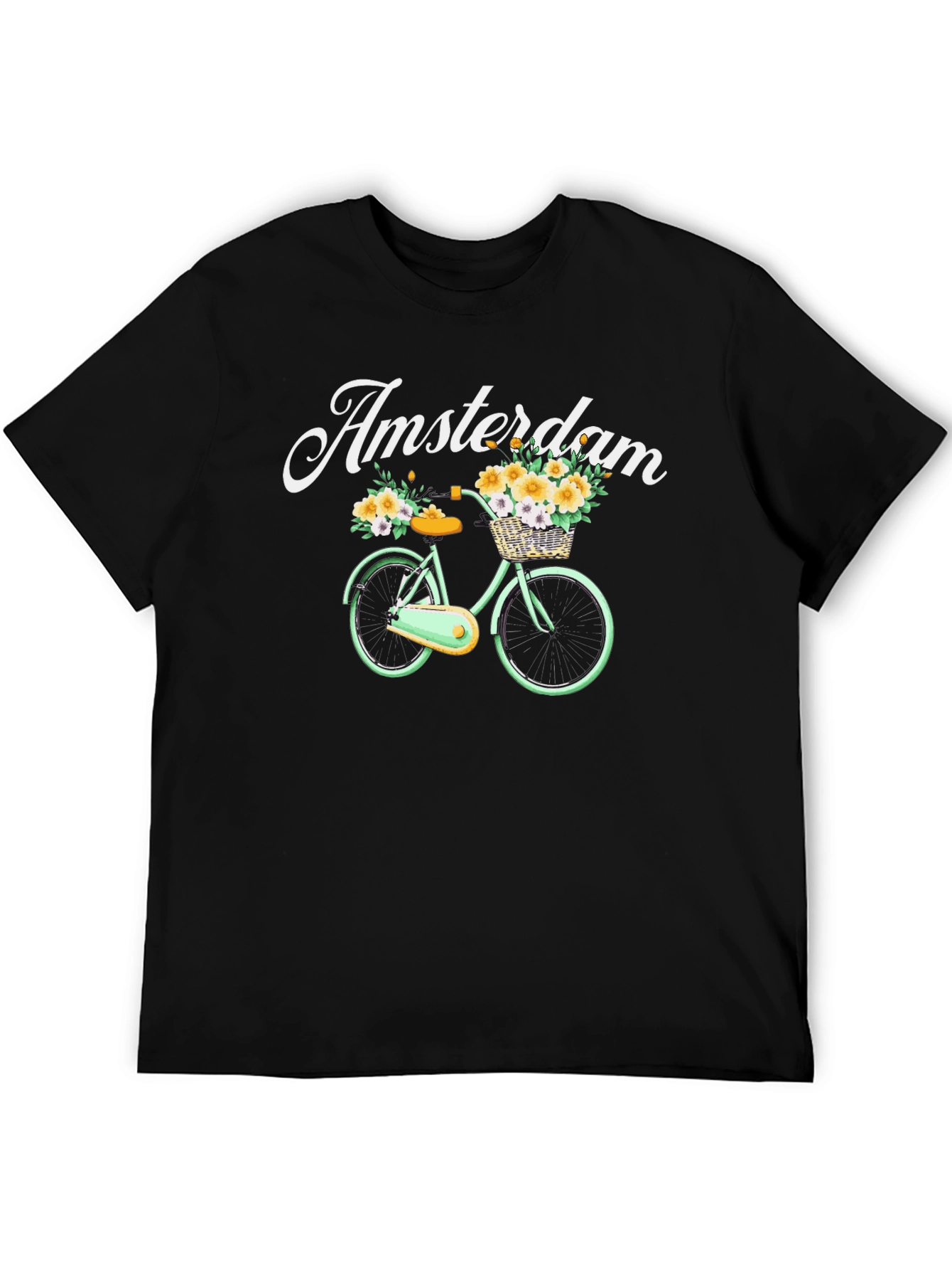 Black Amsterdam Bicycle Graphic Tee - Floral Basket Design view 5
