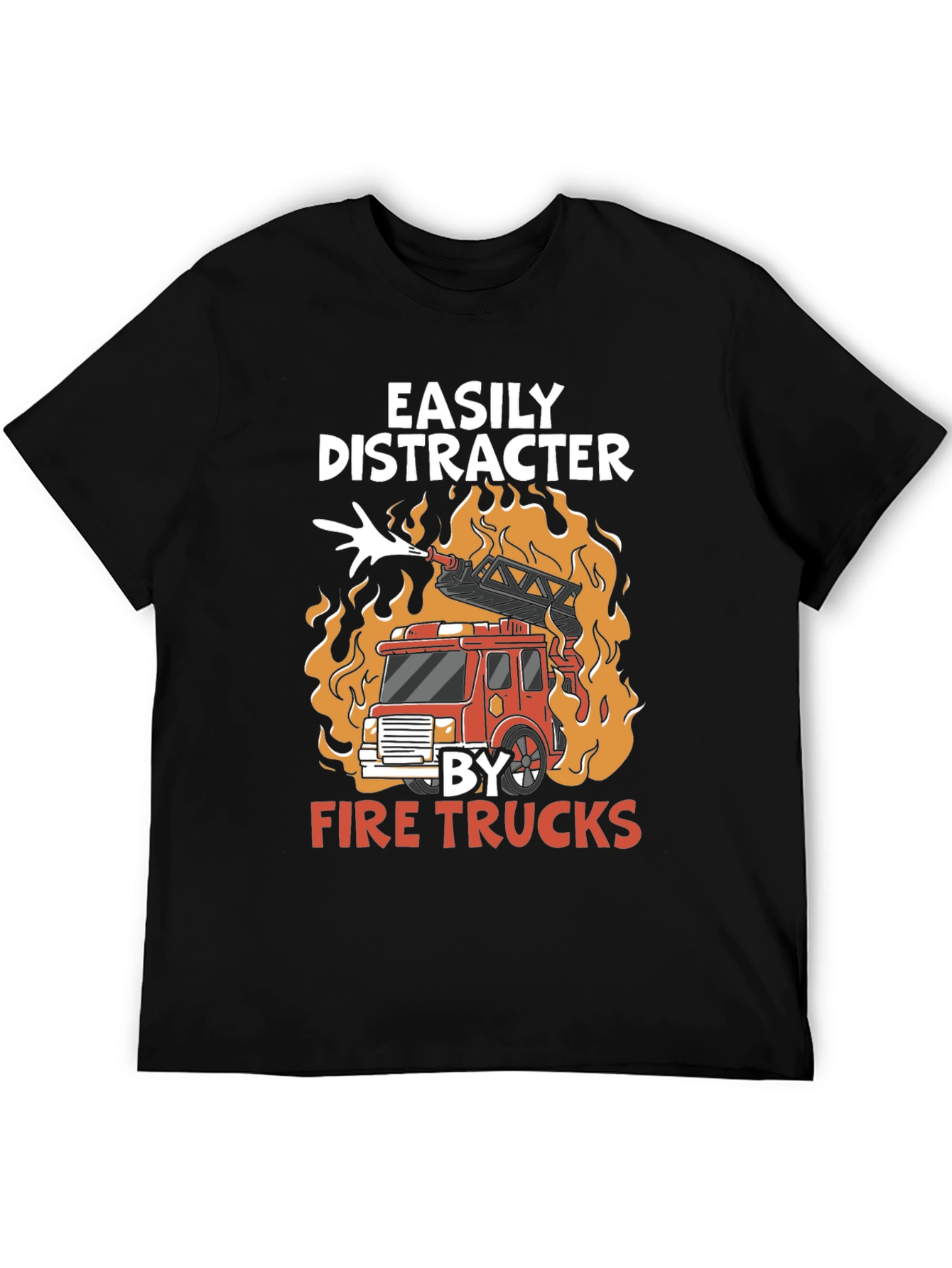 Black Easily Distracted By Fire Trucks T-Shirt view 5