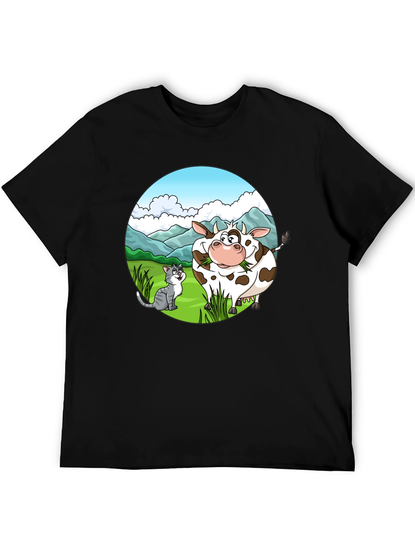 Black Cartoon Cow and Cat Graphic Black T-Shirt view 5
