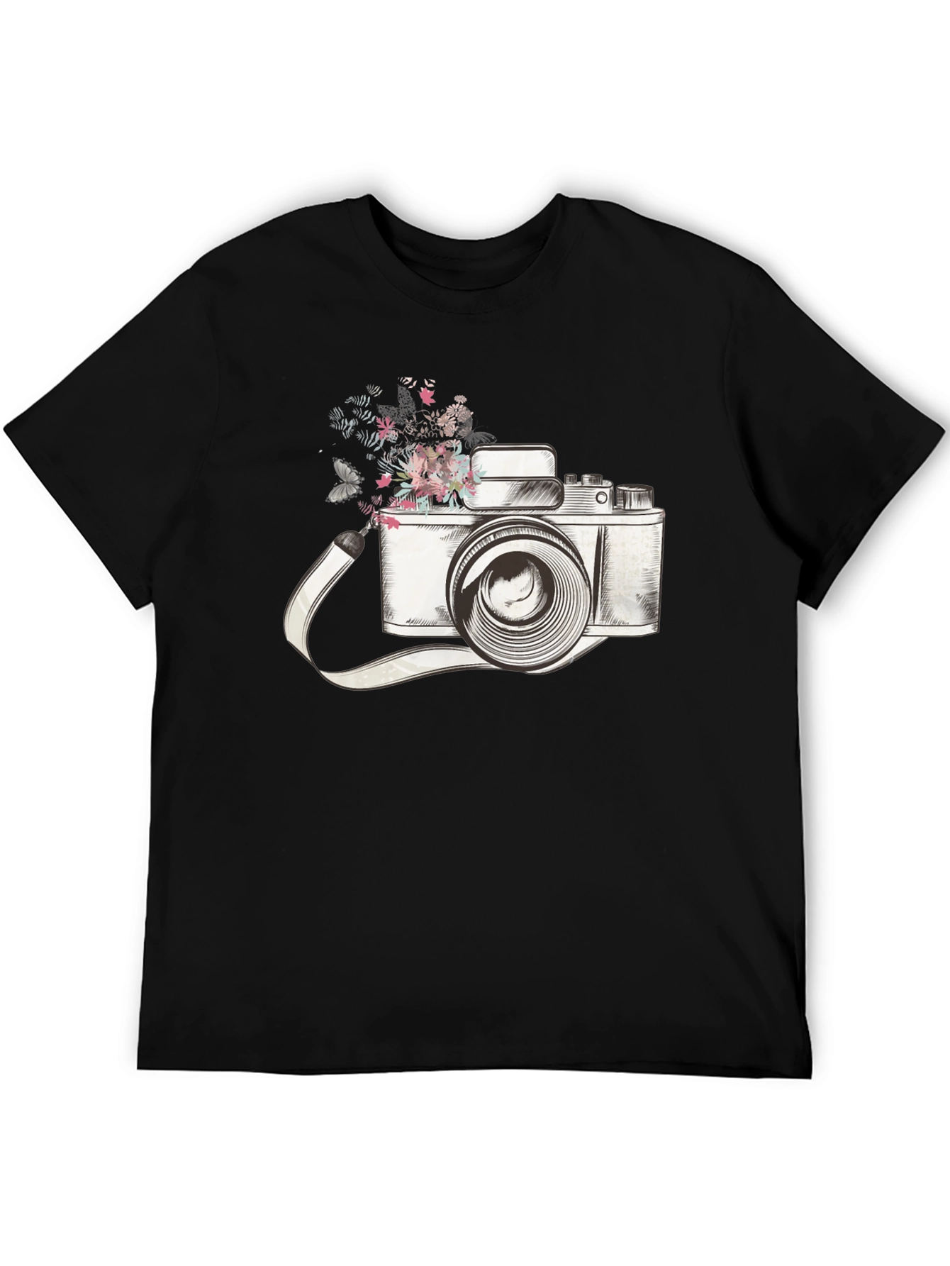 Black Floral Camera Graphic Tee - Trendy Unisex T-Shirt view 5