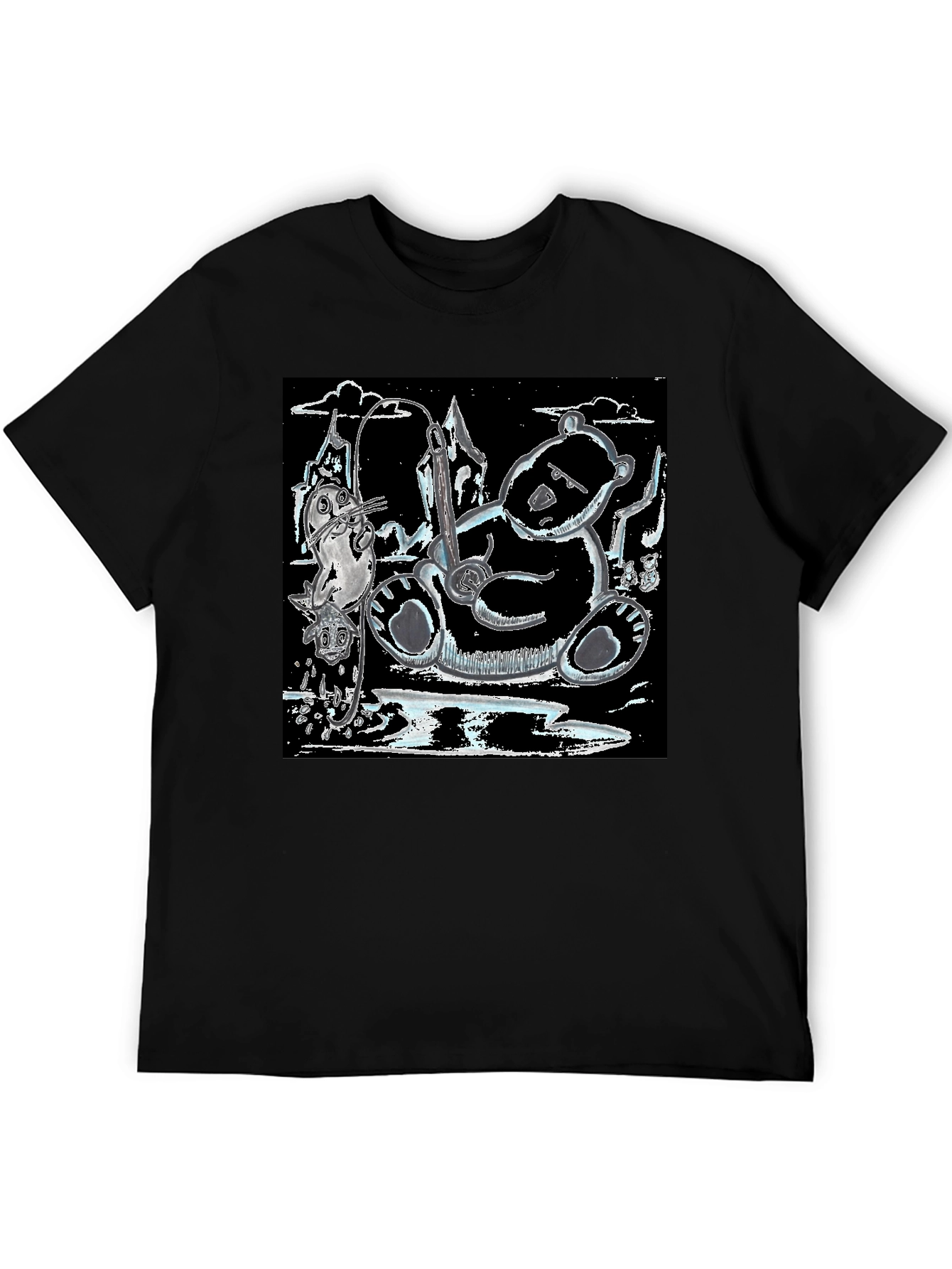 Black Unique Graphic Tee: Bear, Seal, and Musical Notes Art view 5