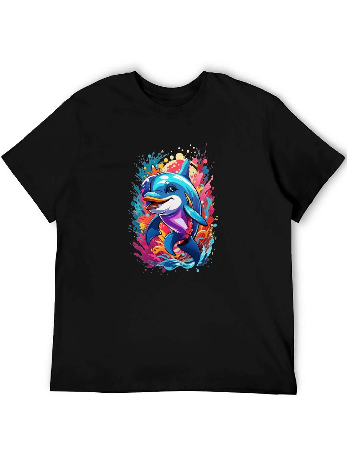 Black Dolphin Splash Black T-Shirt - Fun Graphic Tee view 5
