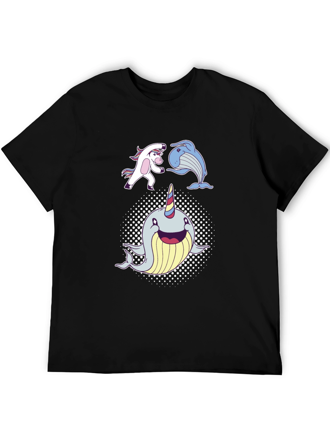 Black Whimsical Unicorn, Whale, Narwhal T-Shirt view 5