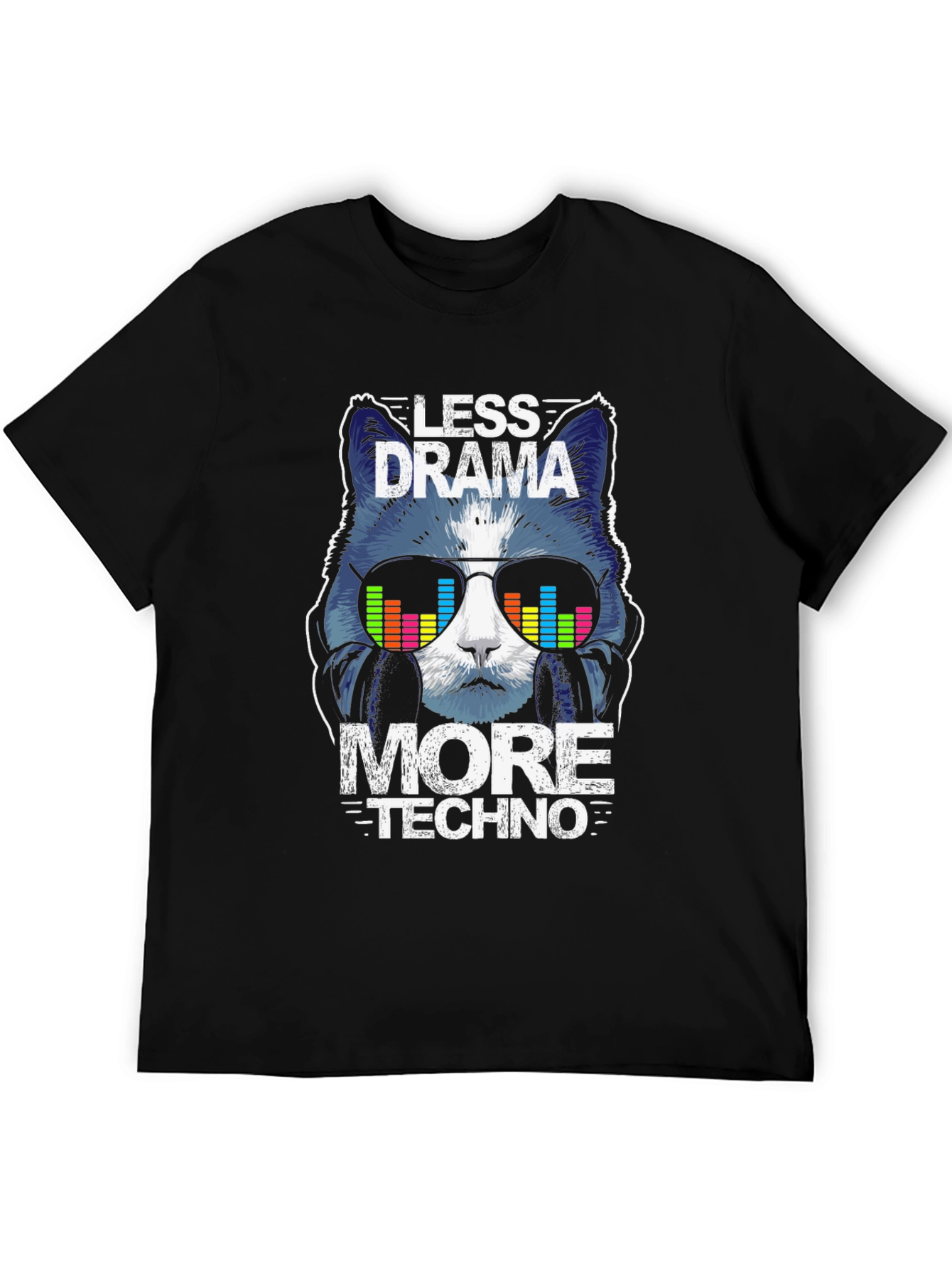 Black Less Drama More Techno Cat Graphic T-Shirt view 5