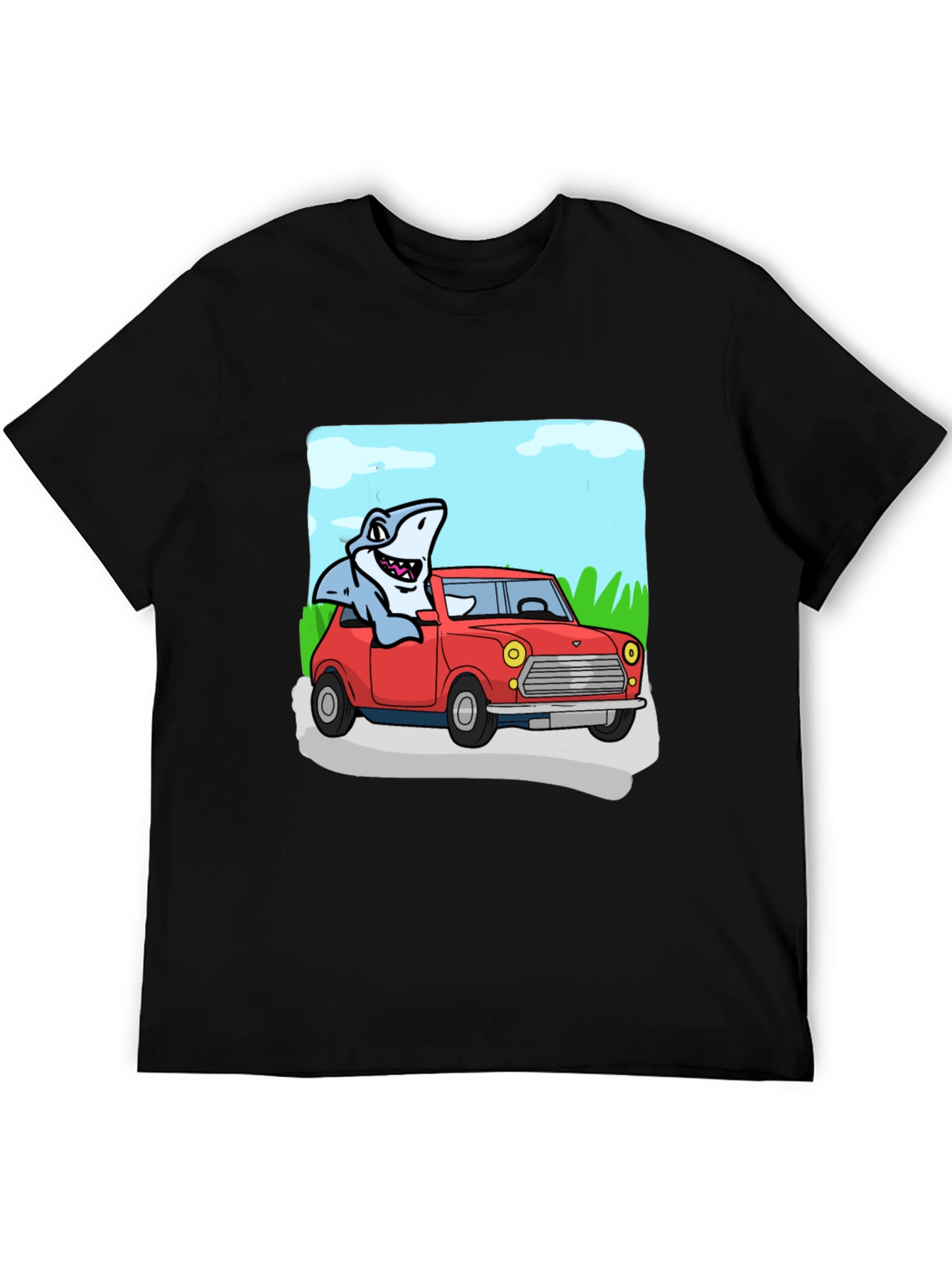 Black Shark in Car Graphic Tee - Unique Cartoon T-Shirt view 5