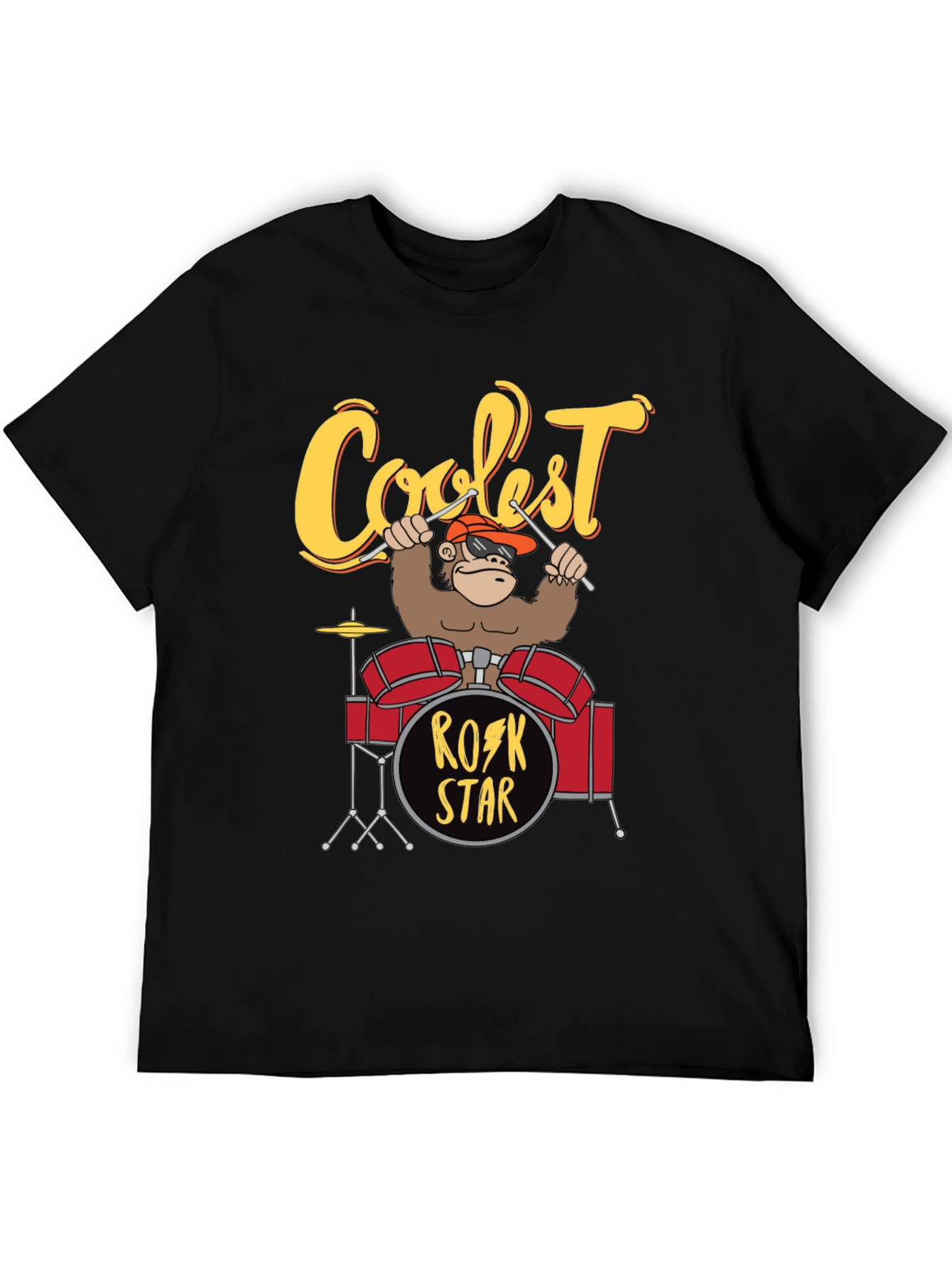Black Coolest Rock Star Monkey Drummer T-Shirt view 5