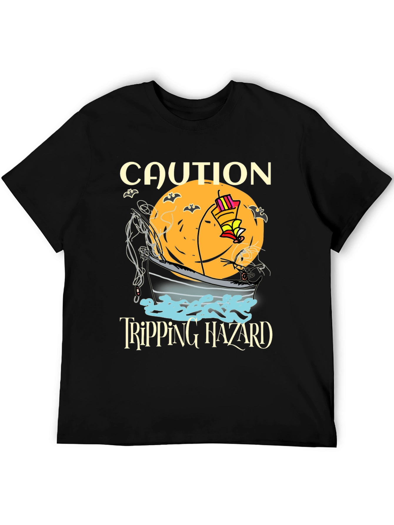 Black Caution Tripping Hazard Funny Halloween T-Shirt view 5