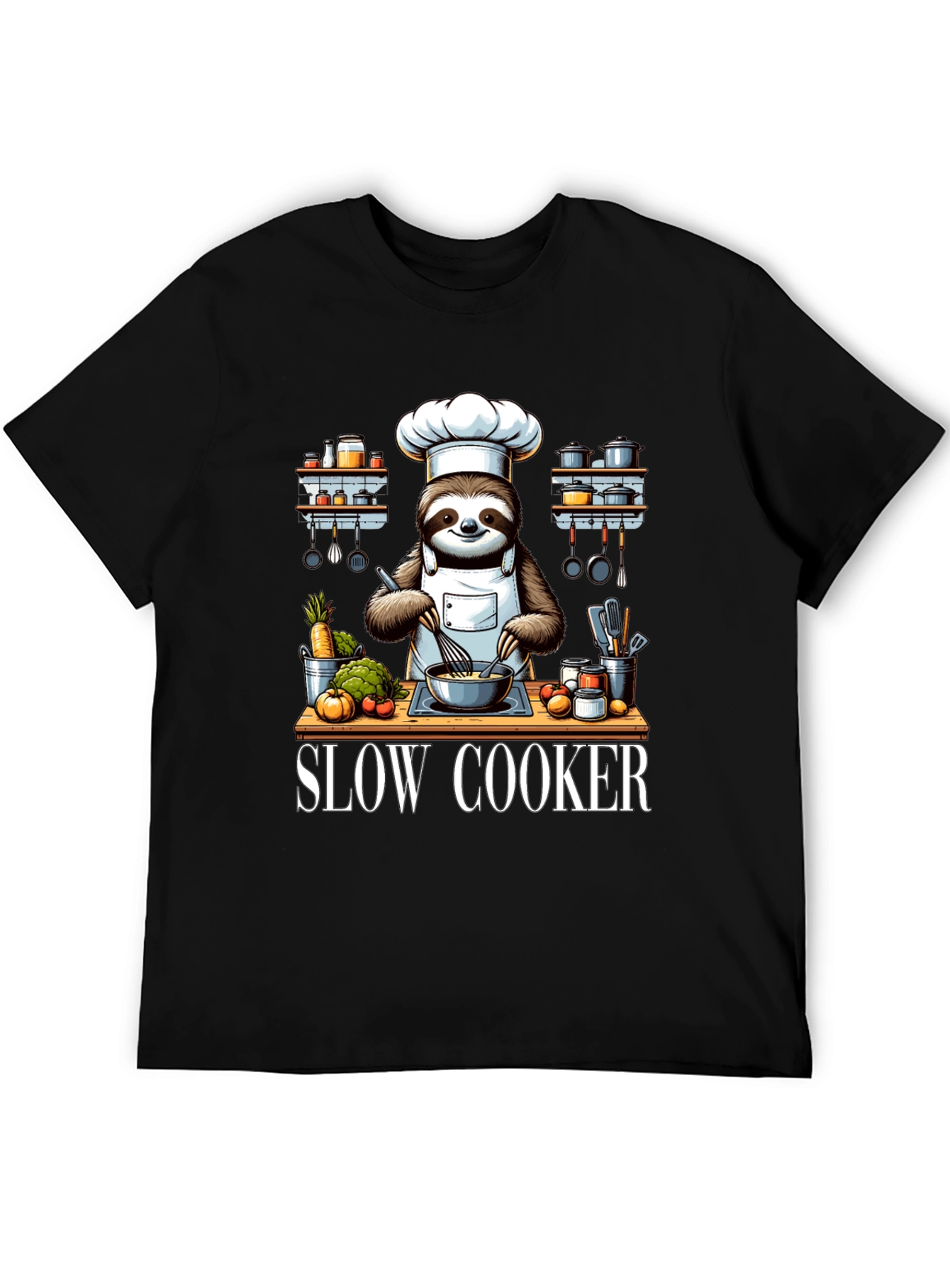 Black Sloth Chef T-Shirt - Slow Cooker Design view 5