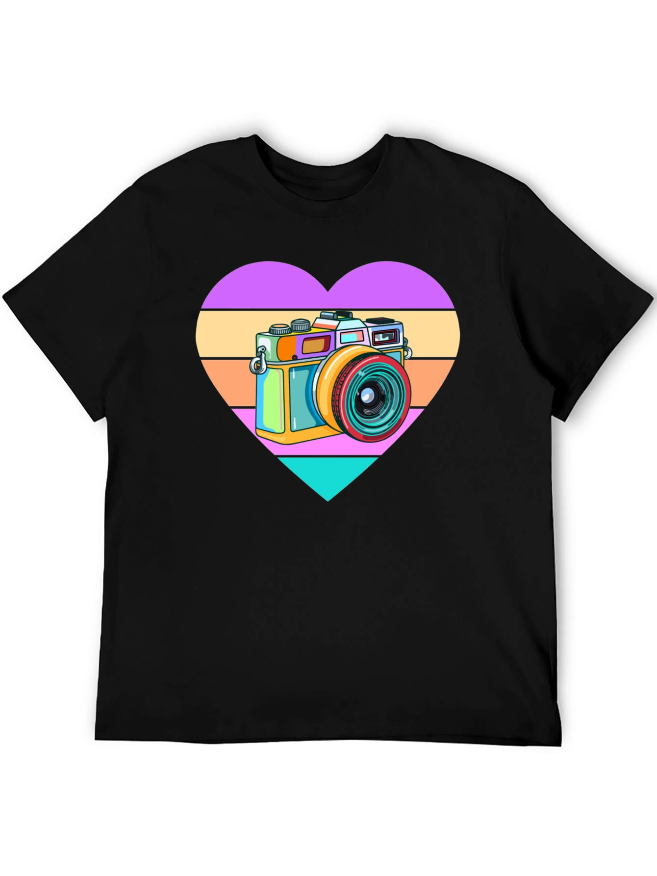Black Retro Camera Heart Graphic Tee - Black Cotton T-Shirt view 5