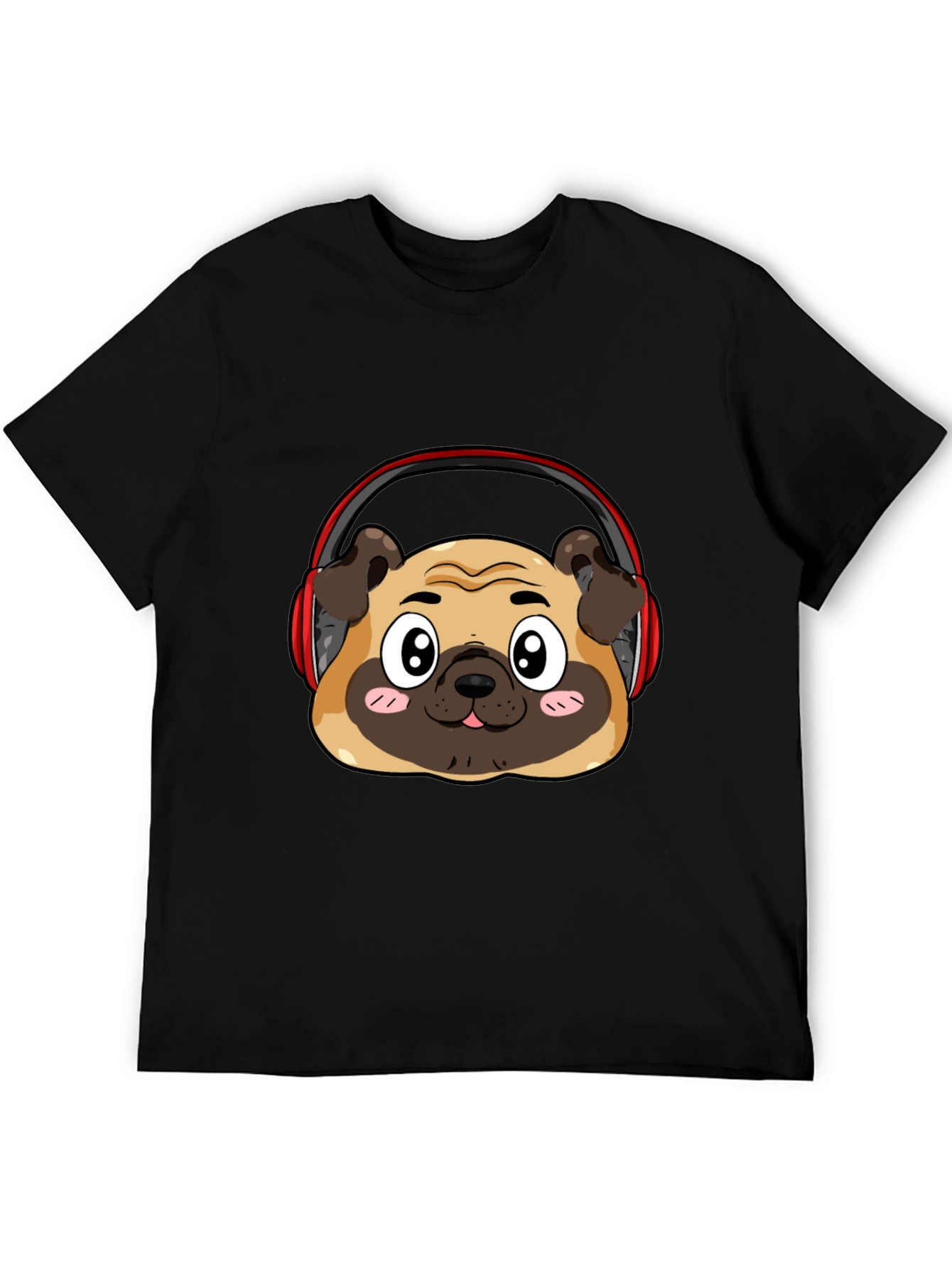 Black Pug Headphone Graphic Black T-Shirt view 5
