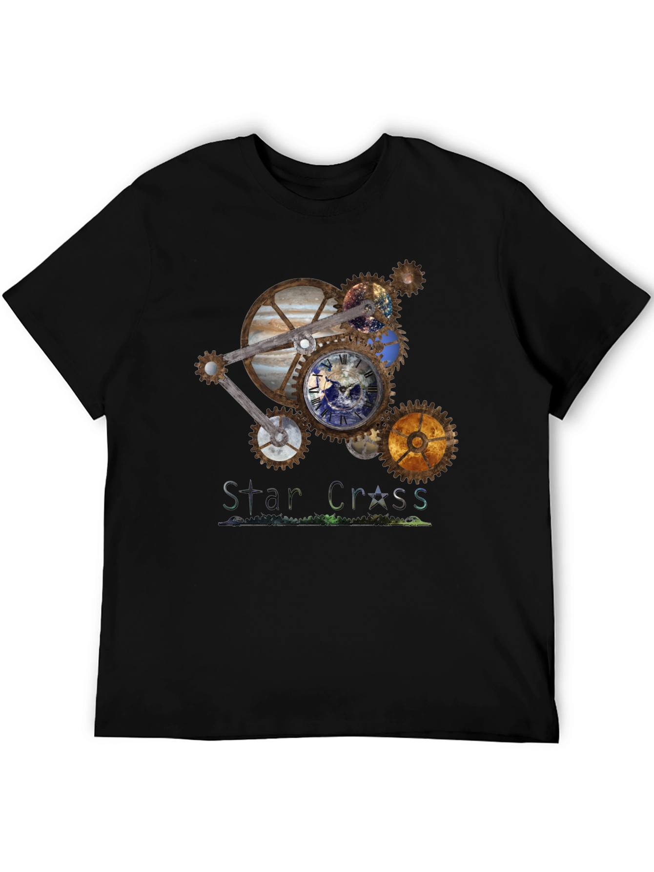 Black Steampunk Planet Gear T-Shirt - Star Cross Design view 5