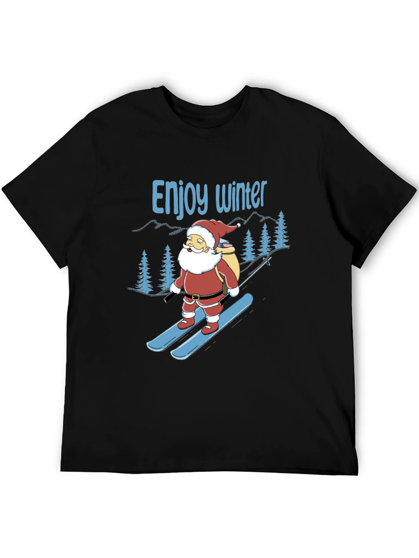 Black Enjoy Winter Santa Skiing Graphic Tee view 5