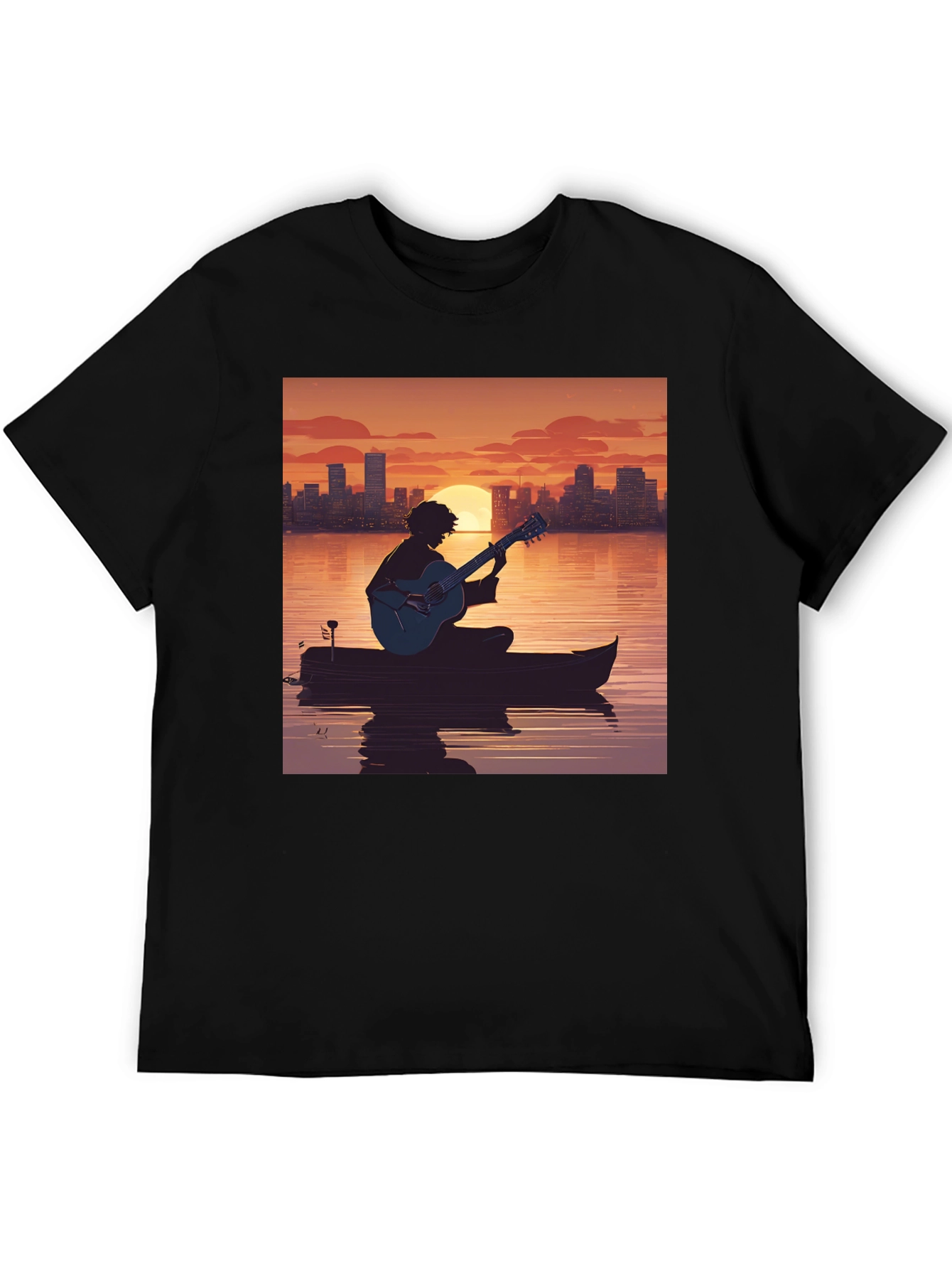 Black Sunset Guitarist T-Shirt - City Skyline Silhouette view 5