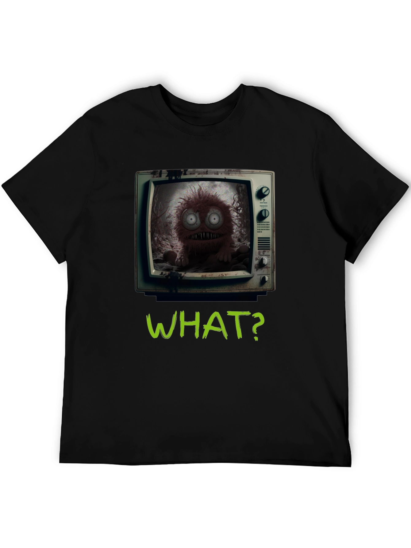 Black What? Monster TV Graphic Tee - Creepy Novelty T-Shirt view 5