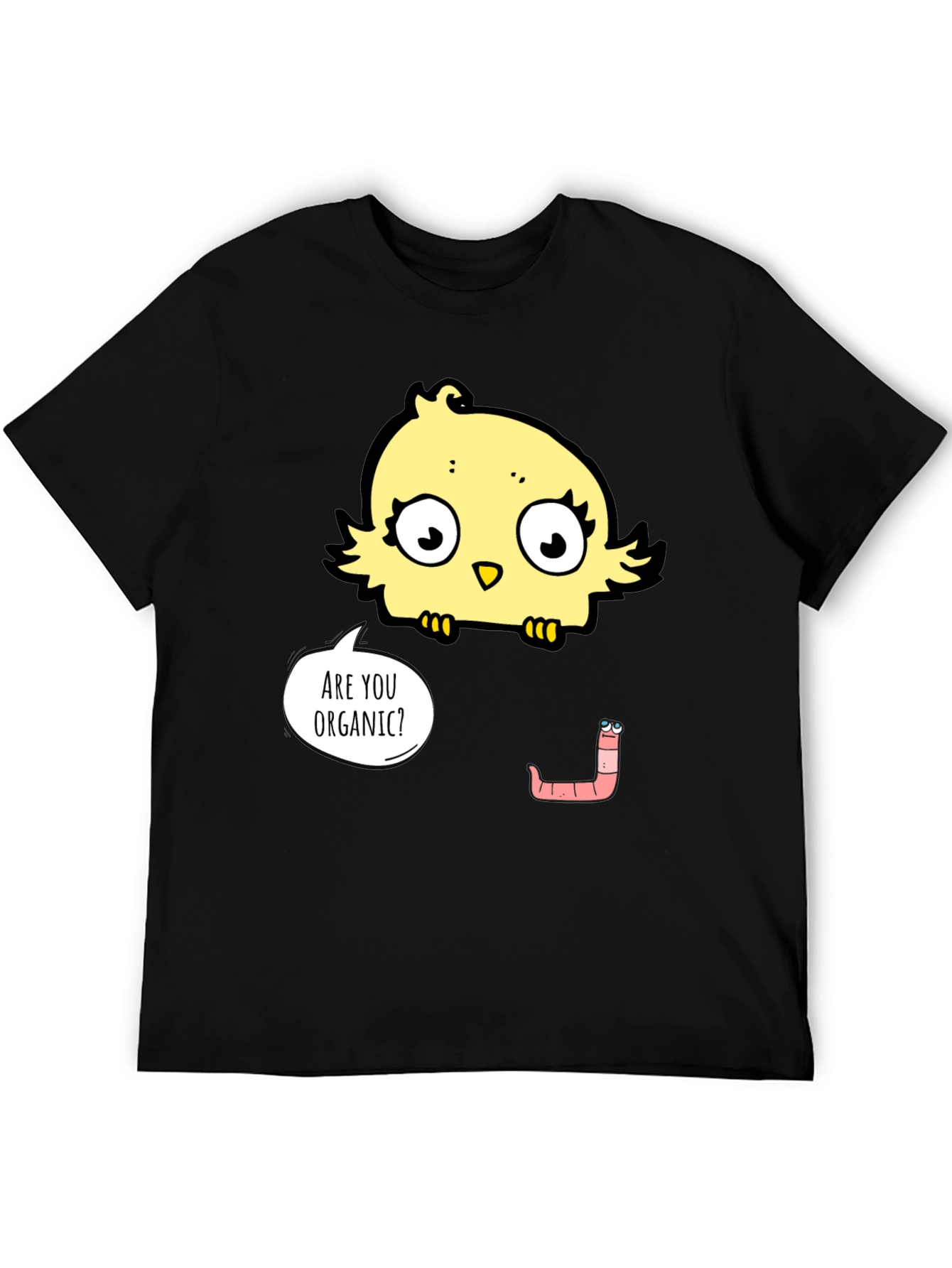 Black Organic Humor T-Shirt: Funny Chick & Worm Tee view 5