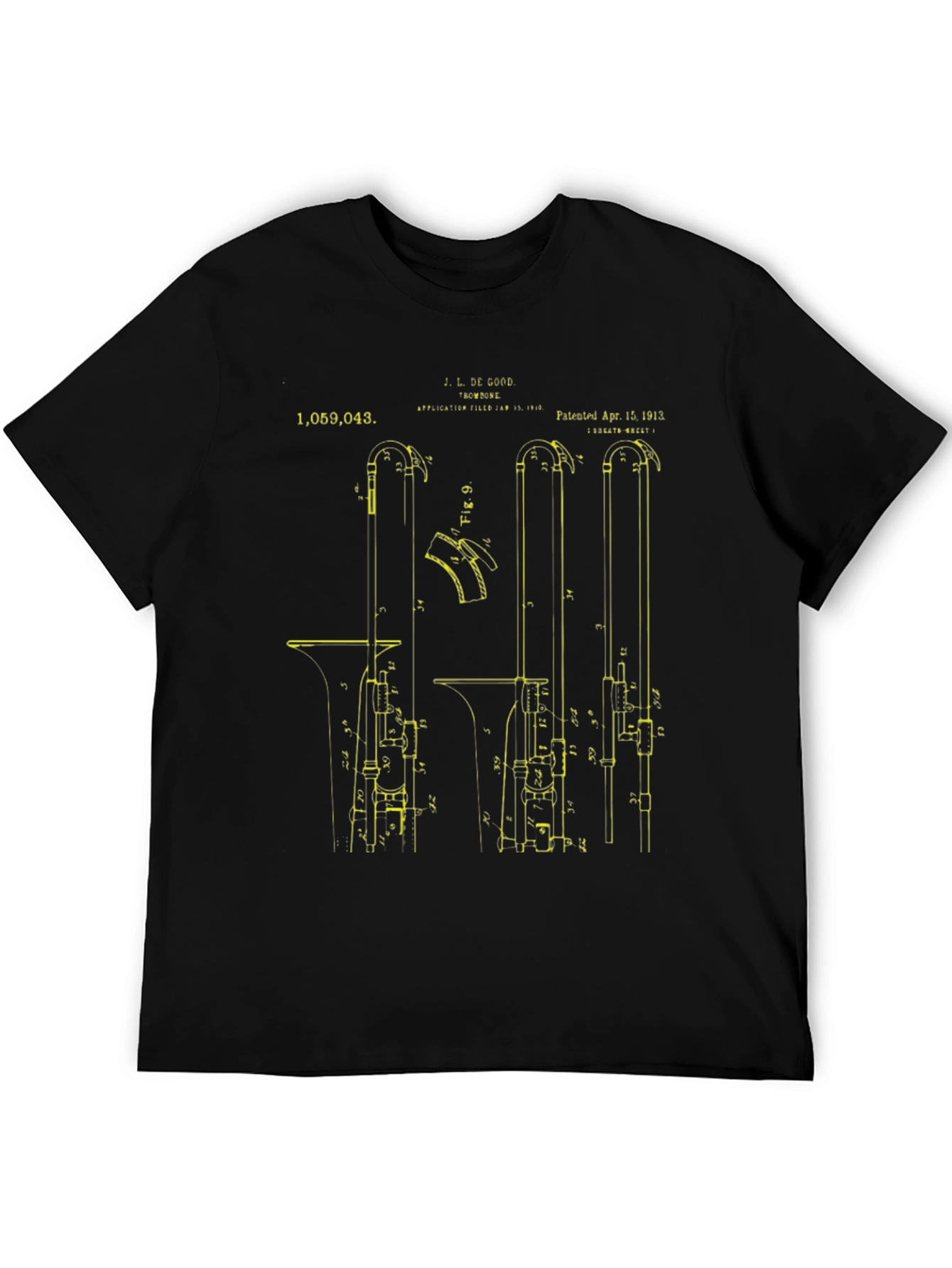 Black Vintage Trombone Patent Print T-Shirt view 5