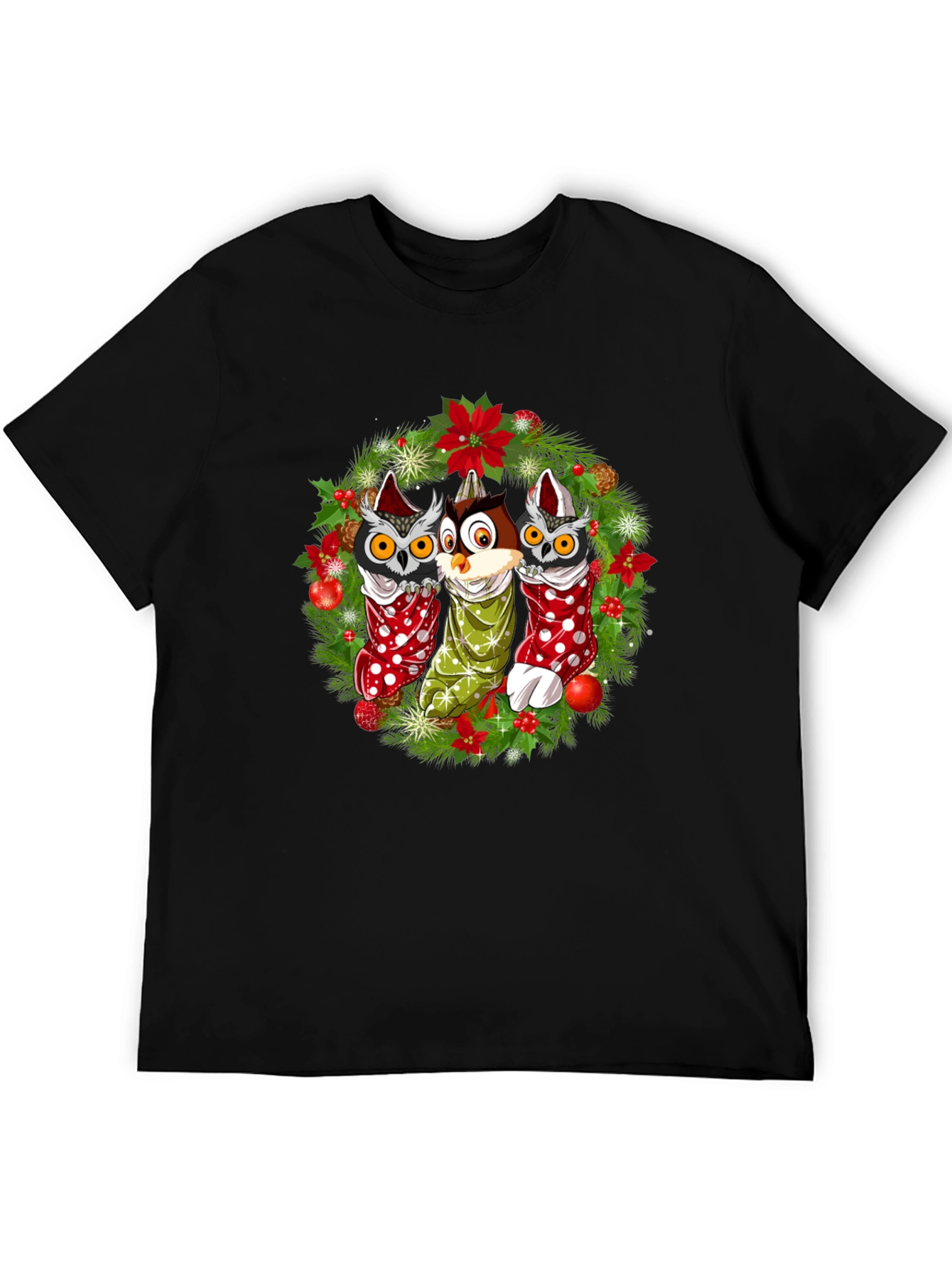 Black Christmas Owl T-Shirt Festive Holiday Design view 5