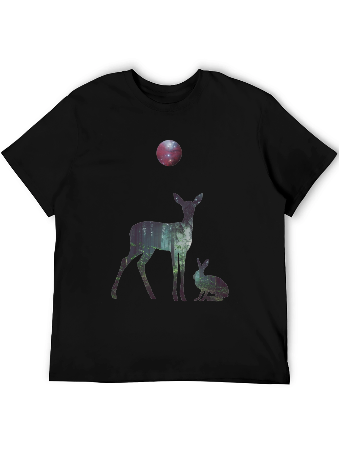 Black Nature Deer and Rabbit Graphic Print T-Shirt view 5