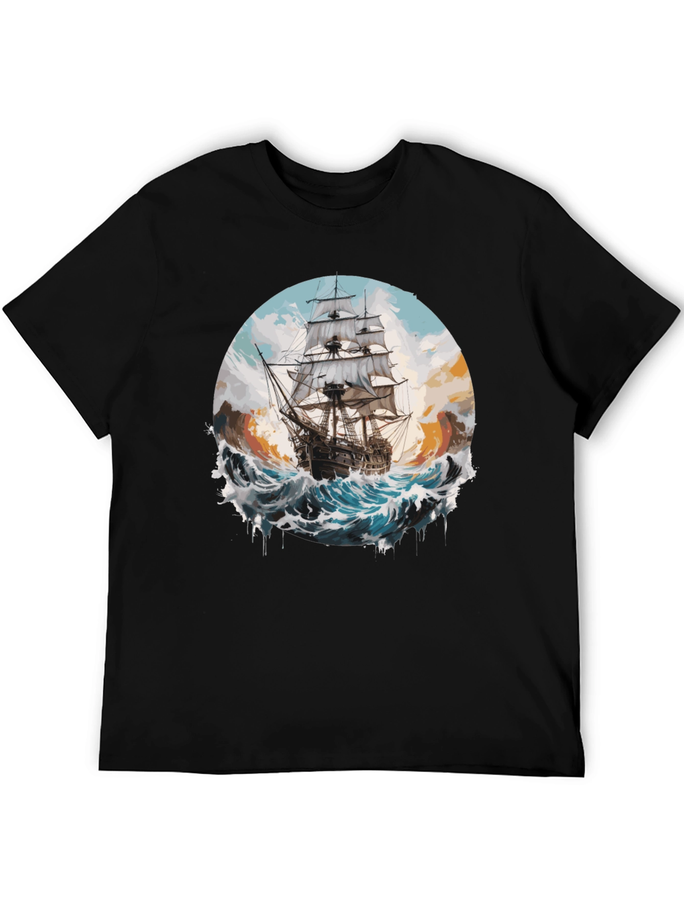 Black Sailing Ship Graphic Tee - Black Cotton Crew Neck view 5
