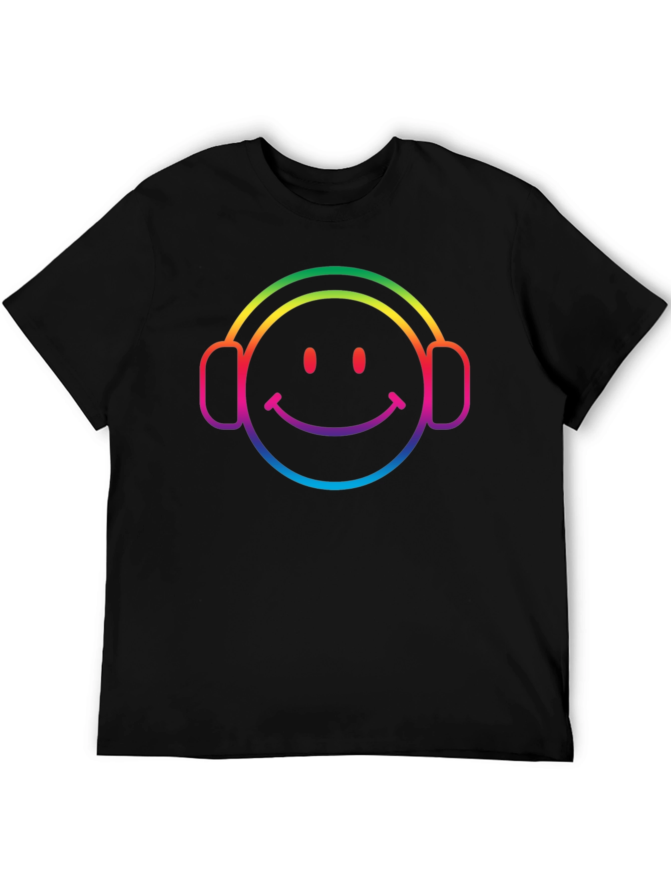 Black Rainbow Smiley Face Headphones Black T-Shirt view 5