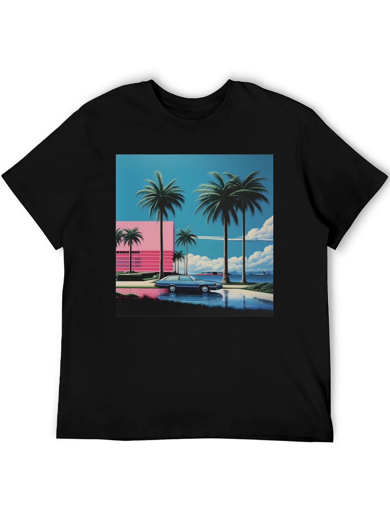 Black Miami Vice Style T-Shirt, Retro Car & Palms view 5