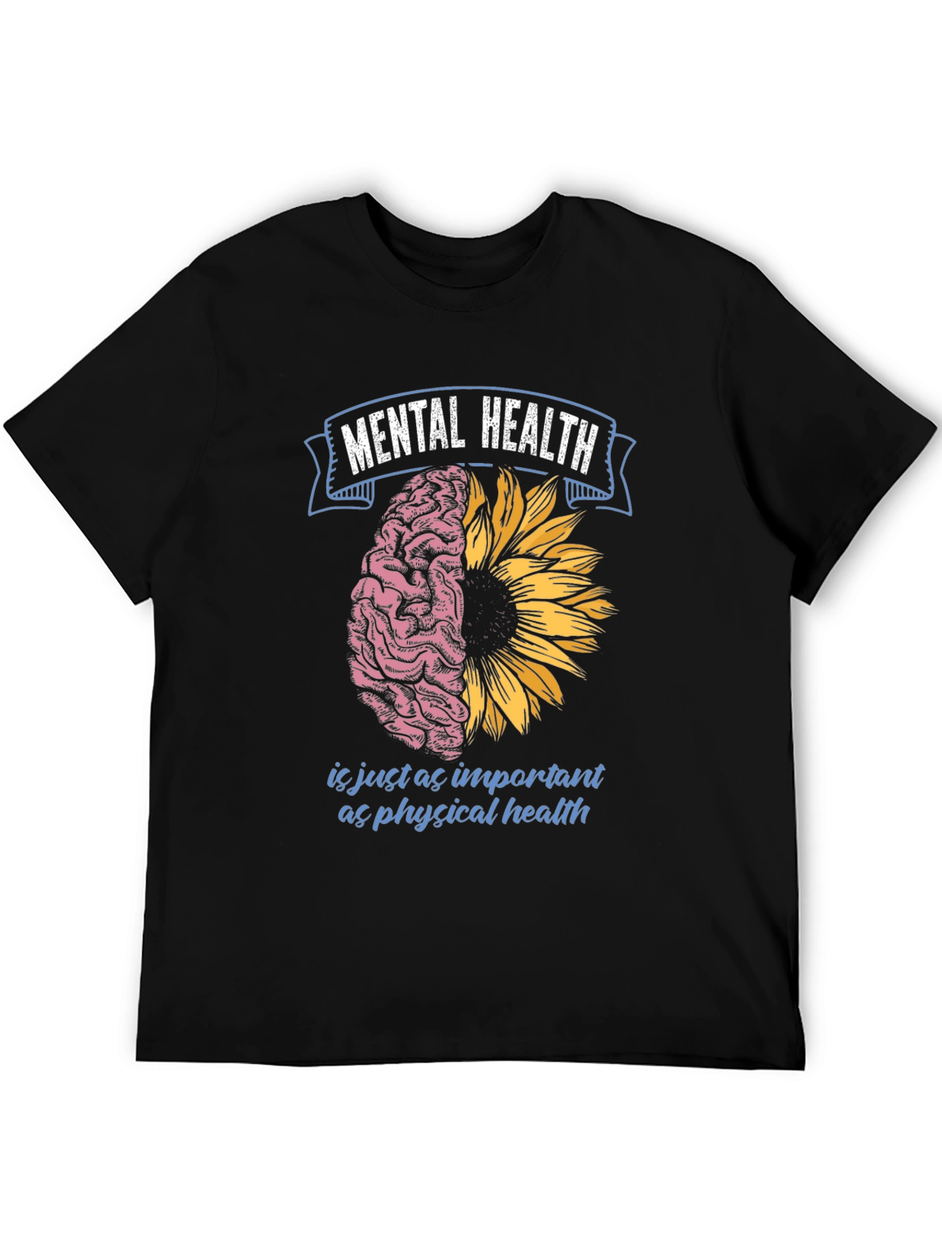 Black Mental Health T-Shirt: Brain & Sunflower Design view 5