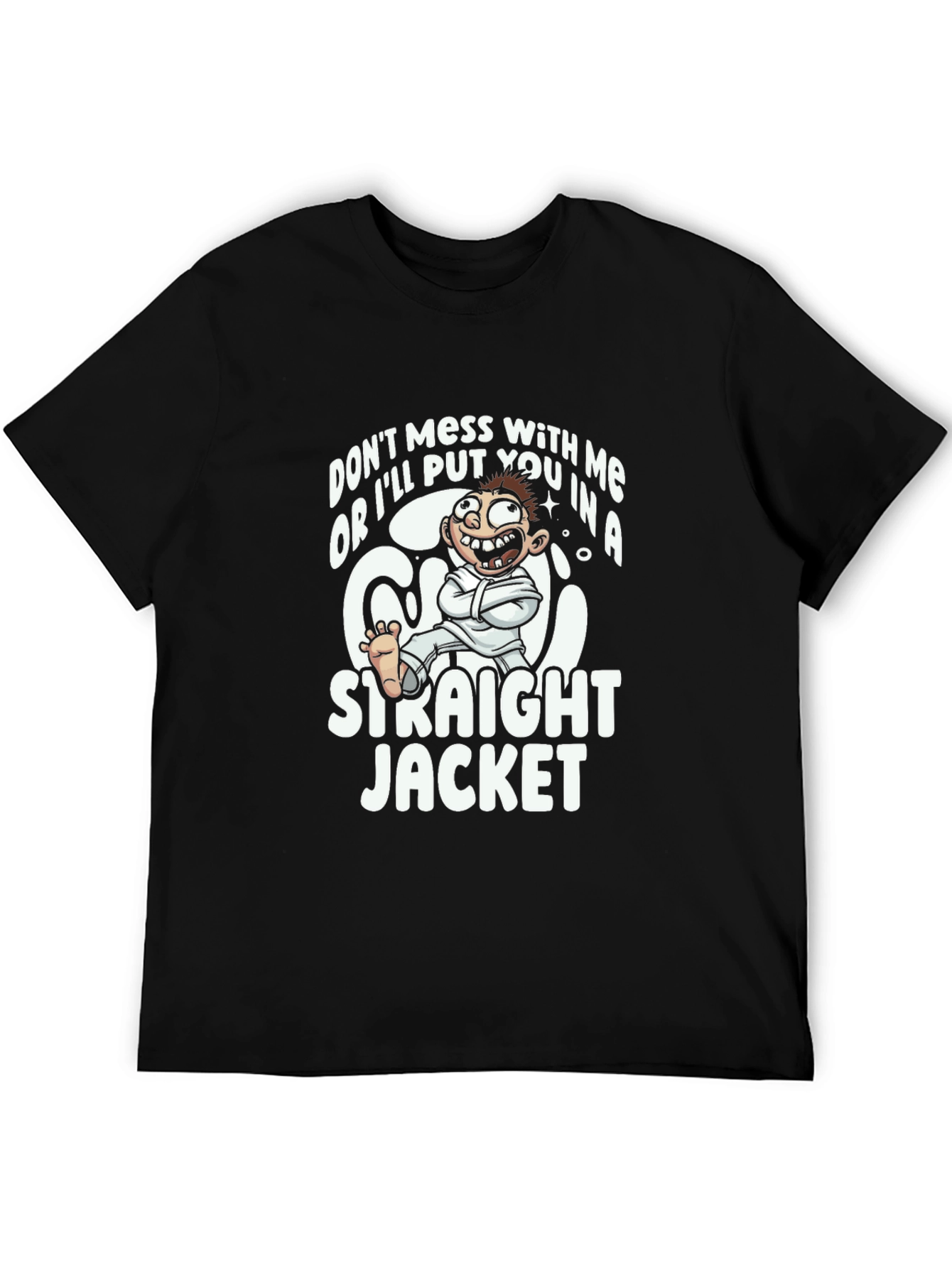 Black Funny Straight Jacket Cartoon Graphic T-Shirt view 5