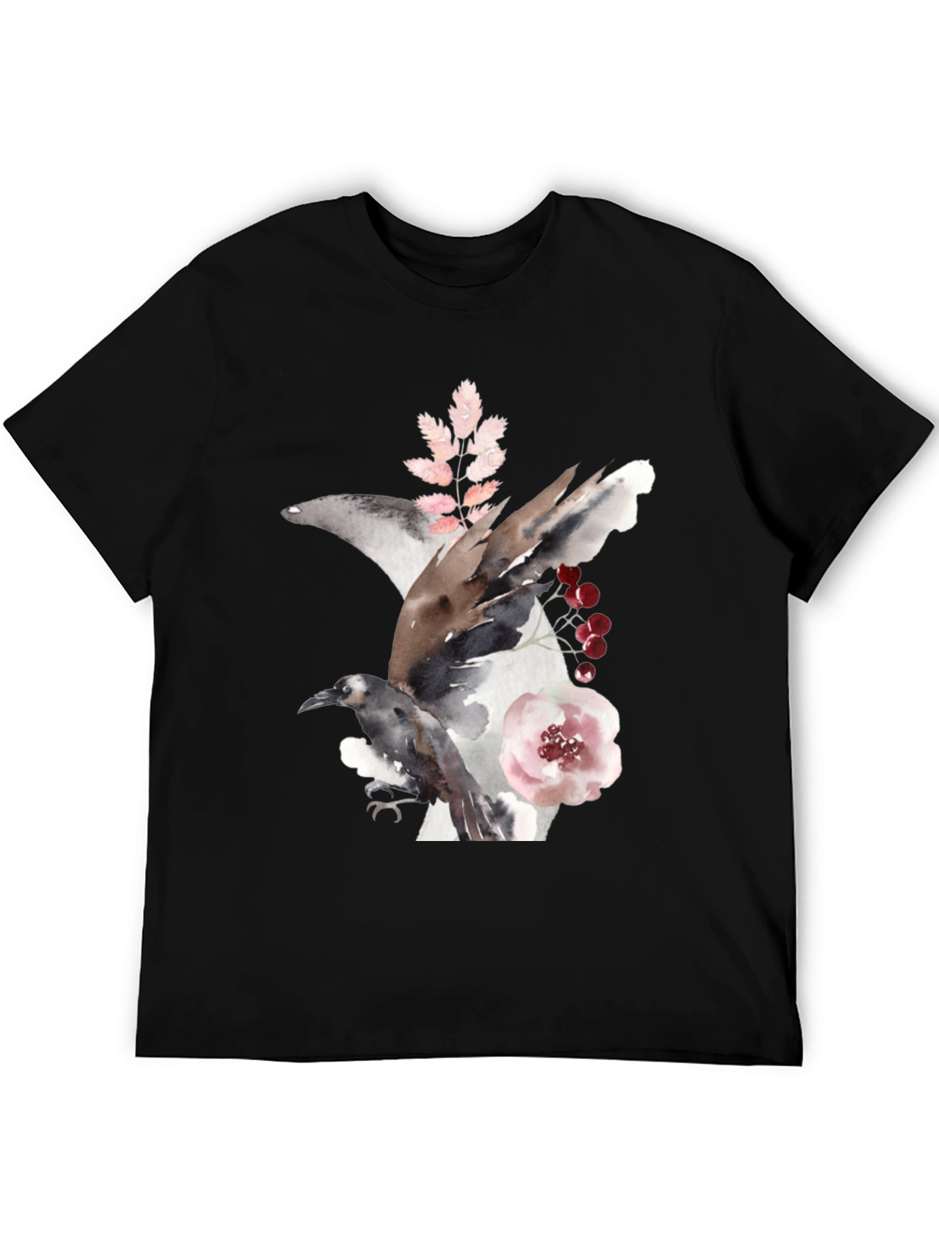 Black Raven & Floral Watercolor Tee view 5