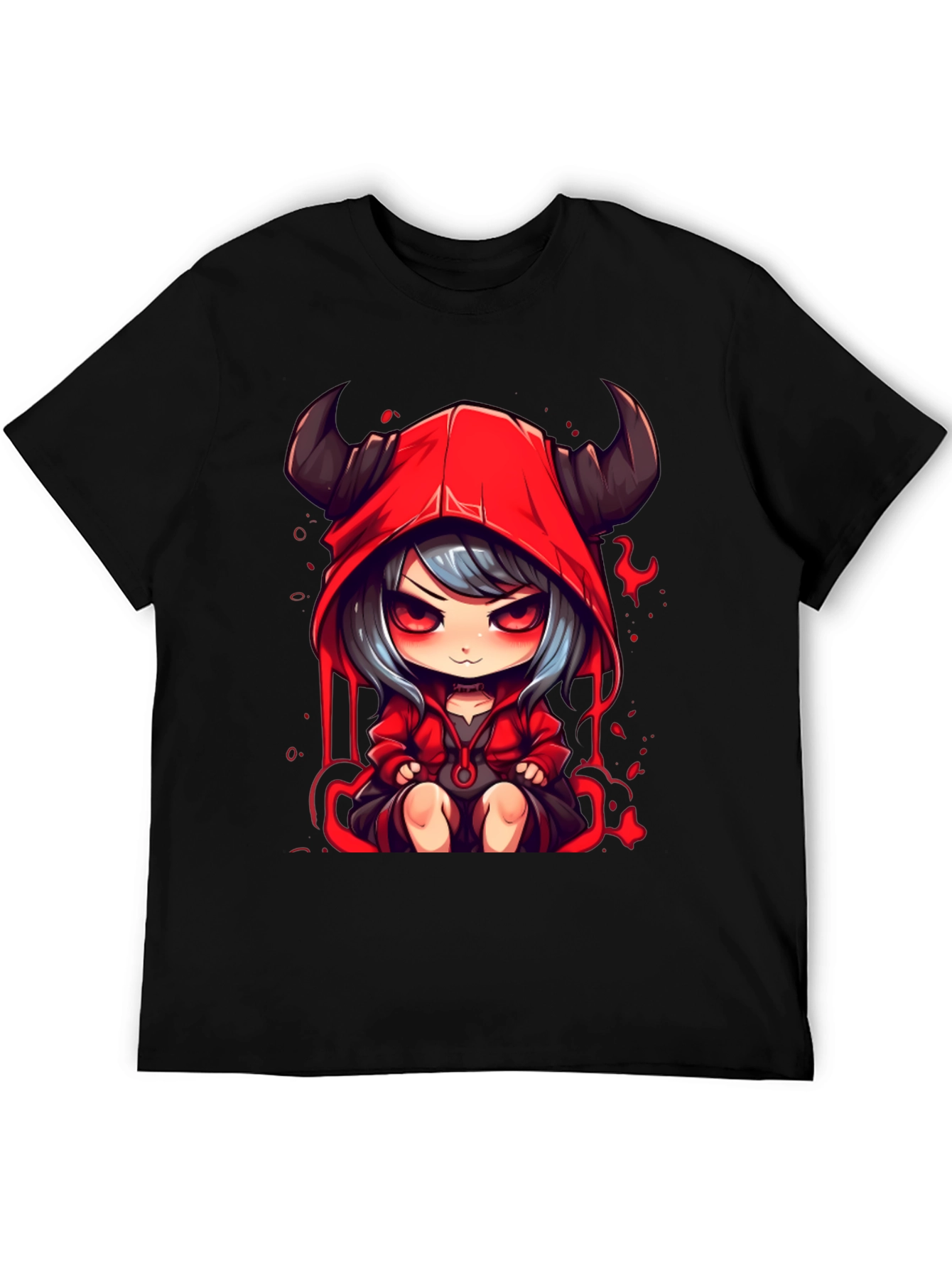 Black Anime Devil Girl Graphic Tee - Black Cotton T-Shirt view 5