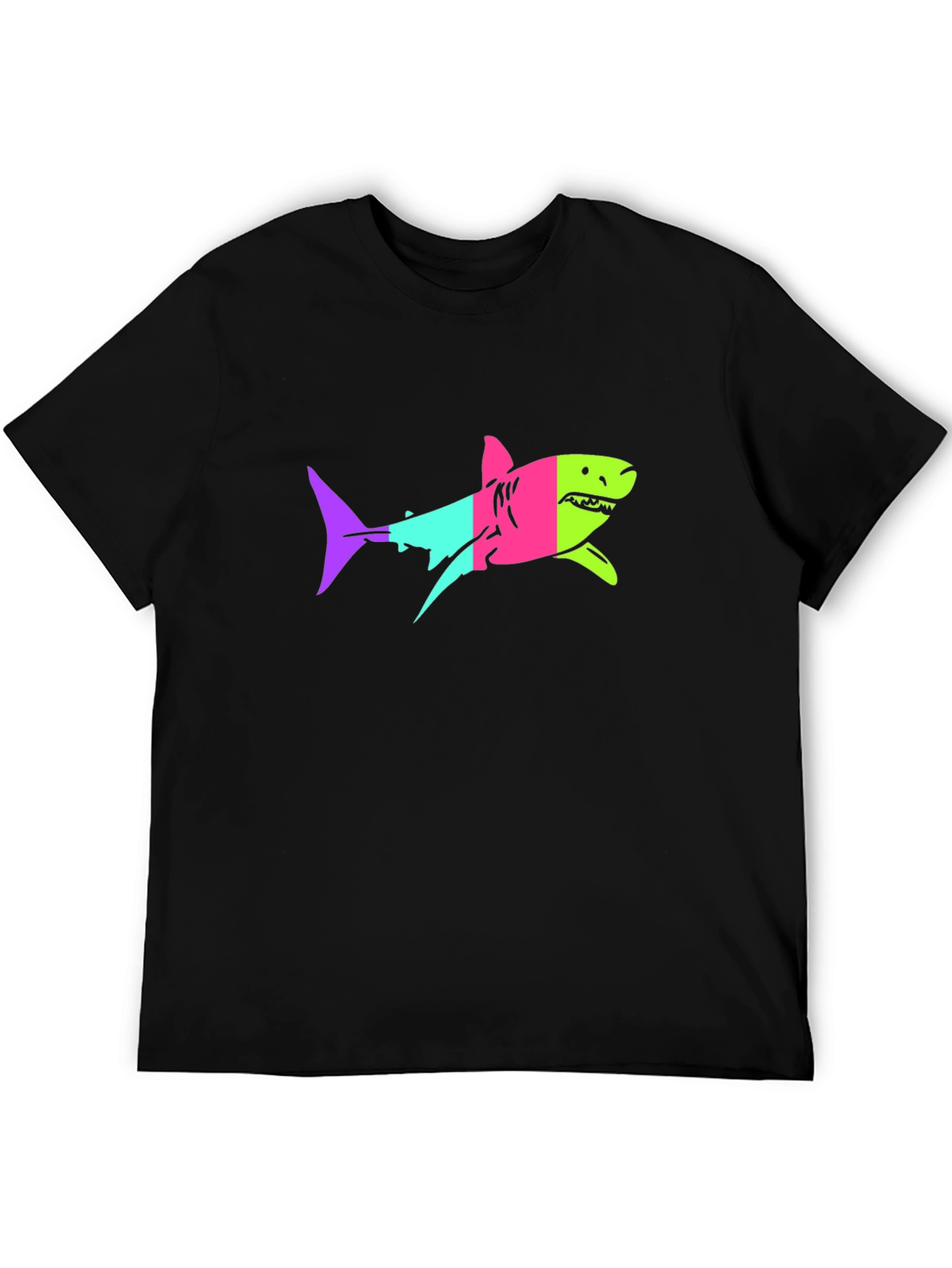 Black Neon Shark Graphic Print Black T-Shirt view 5