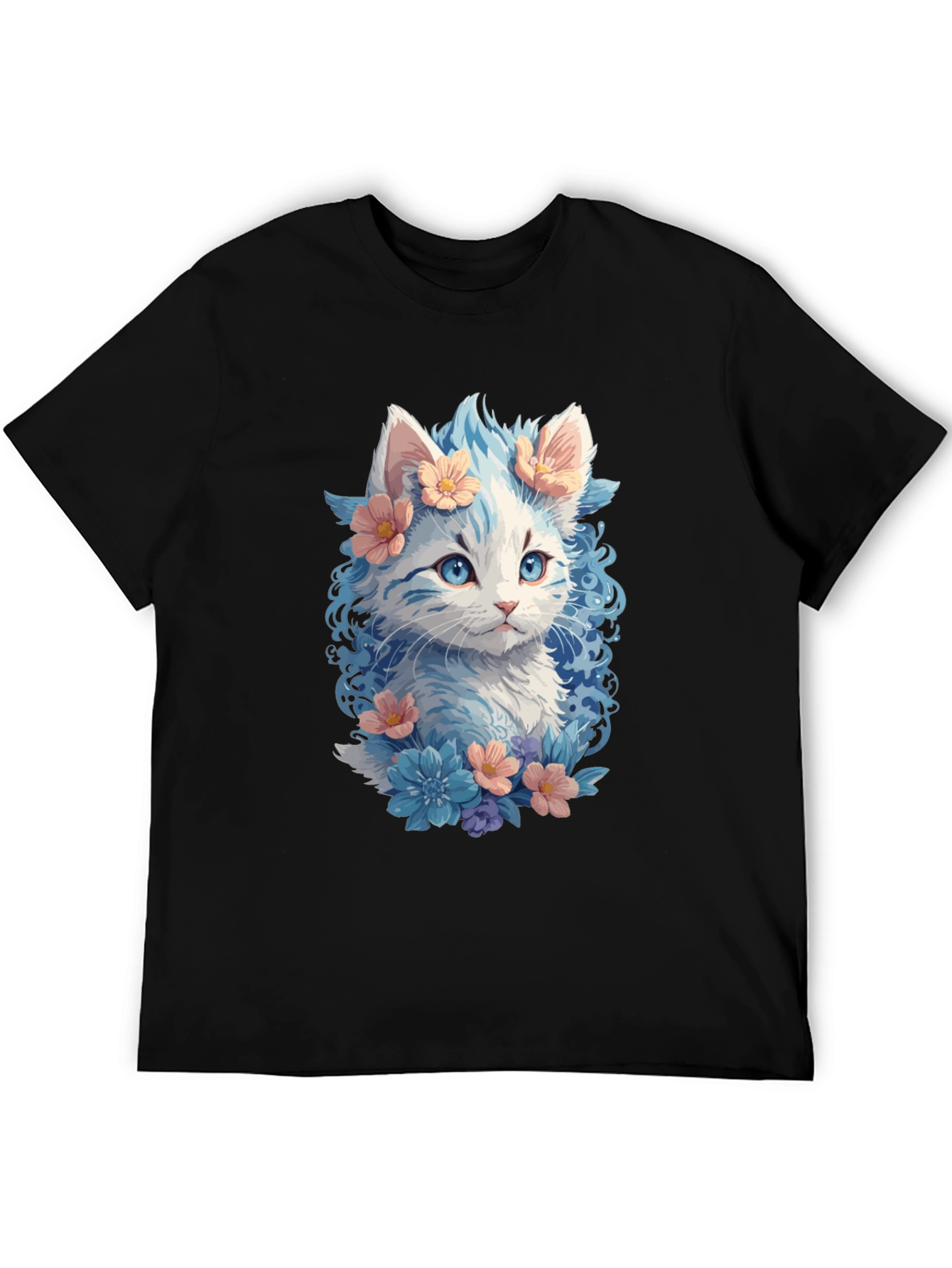 Black Floral Cat Graphic Tee - Unique Kitten Design view 5