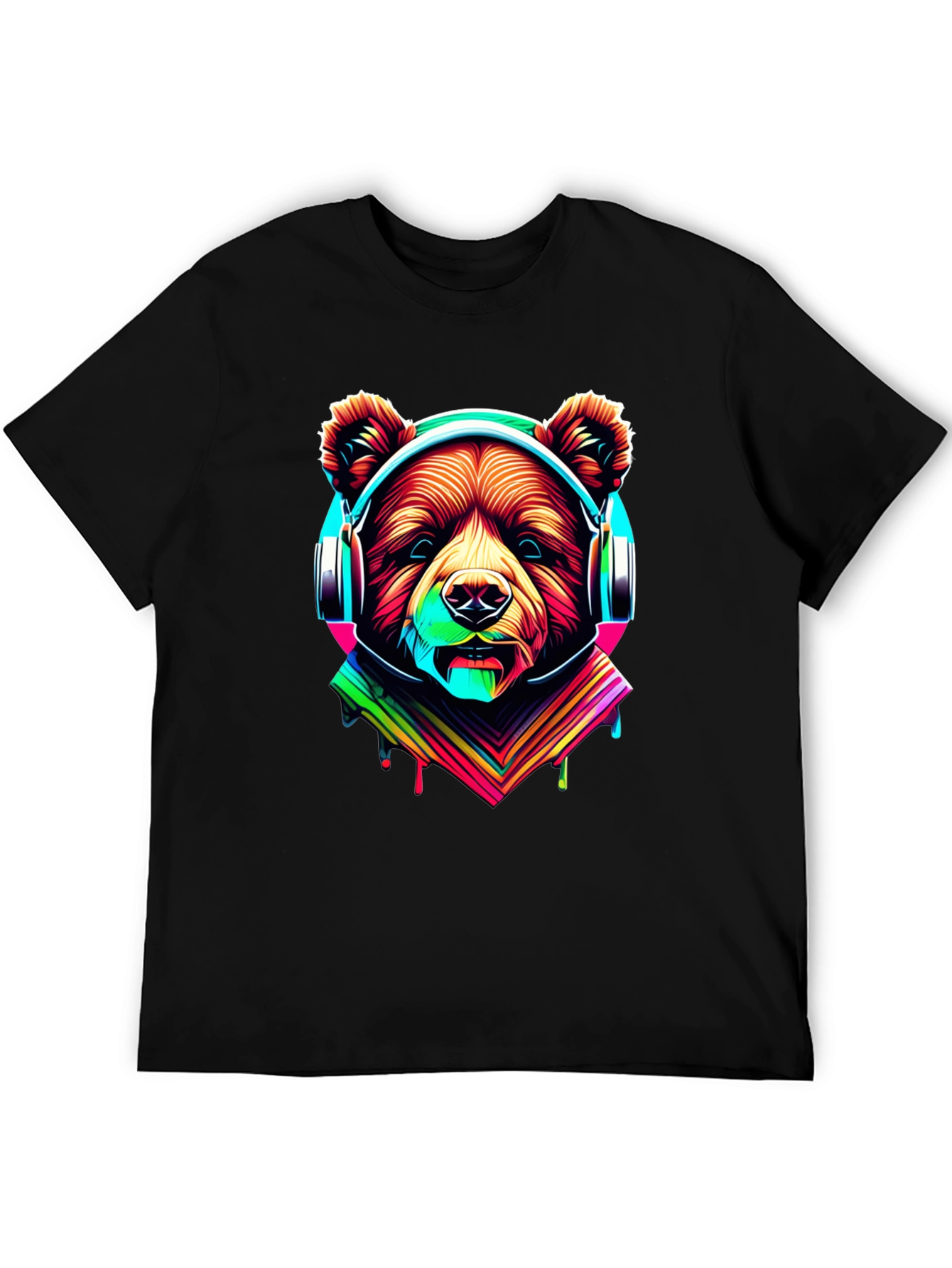 Black Neon Bear Headphones Graphic Tee view 5
