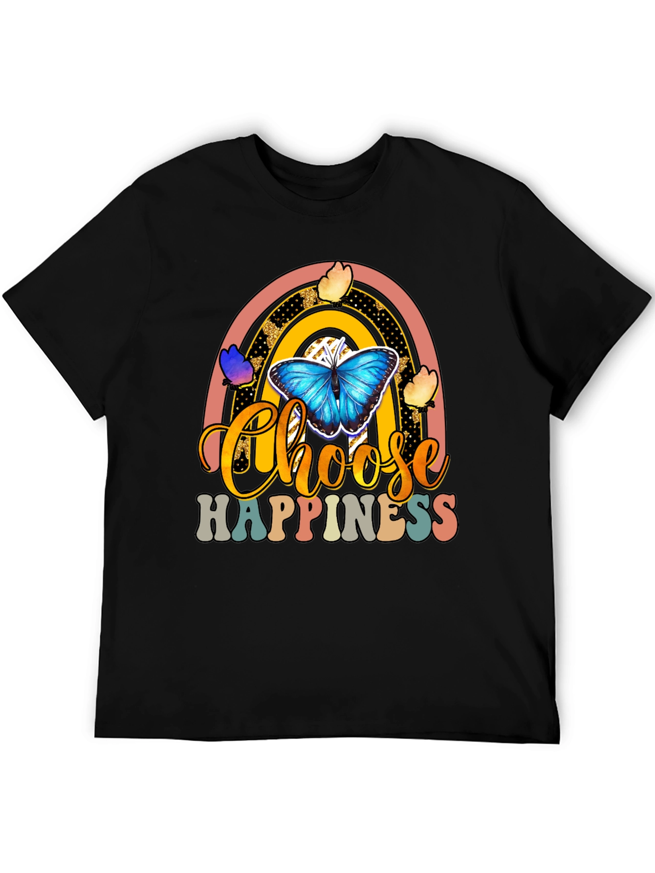 Black Choose Happiness T-Shirt - Butterfly Rainbow Design view 5