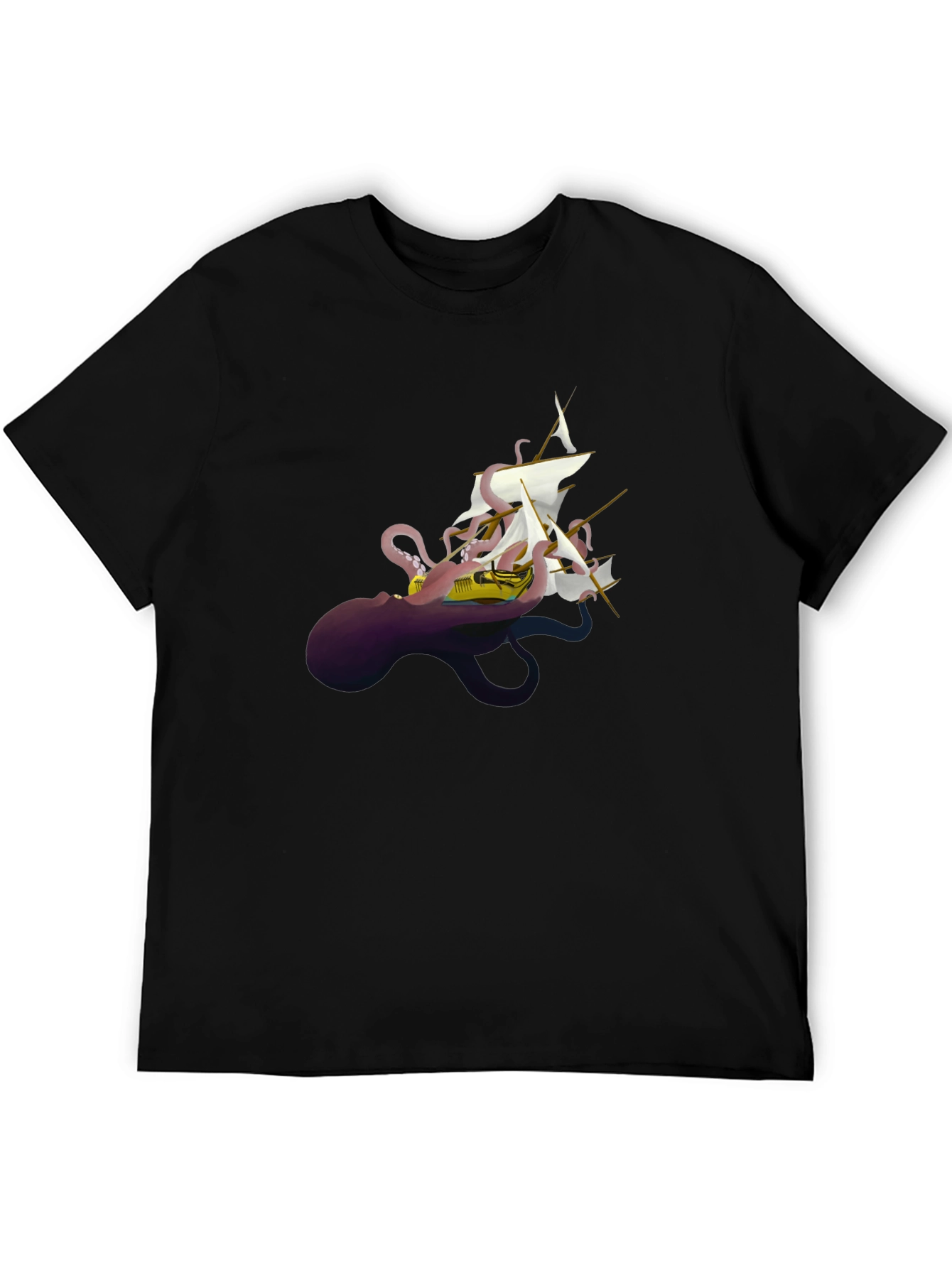 Black Octopus Ship Black T-Shirt - Unique Kraken Graphic Tee view 5