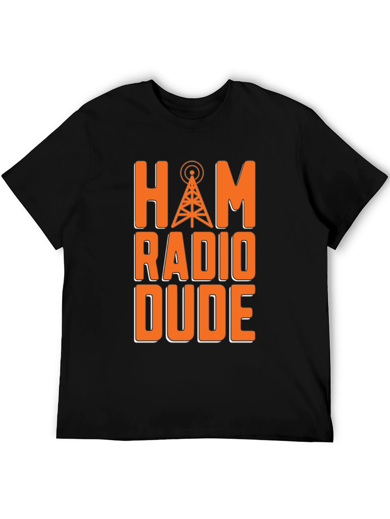 Black Ham Radio Dude T-Shirt - Orange Radio Tower Design view 5