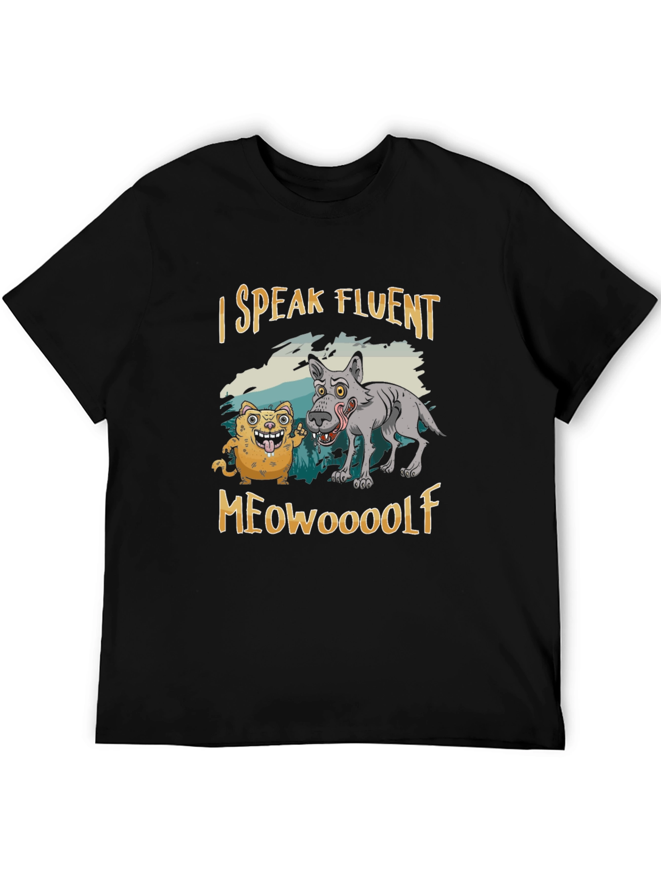 Black I Speak Fluent Meowooolf Funny Novelty T-Shirt view 5