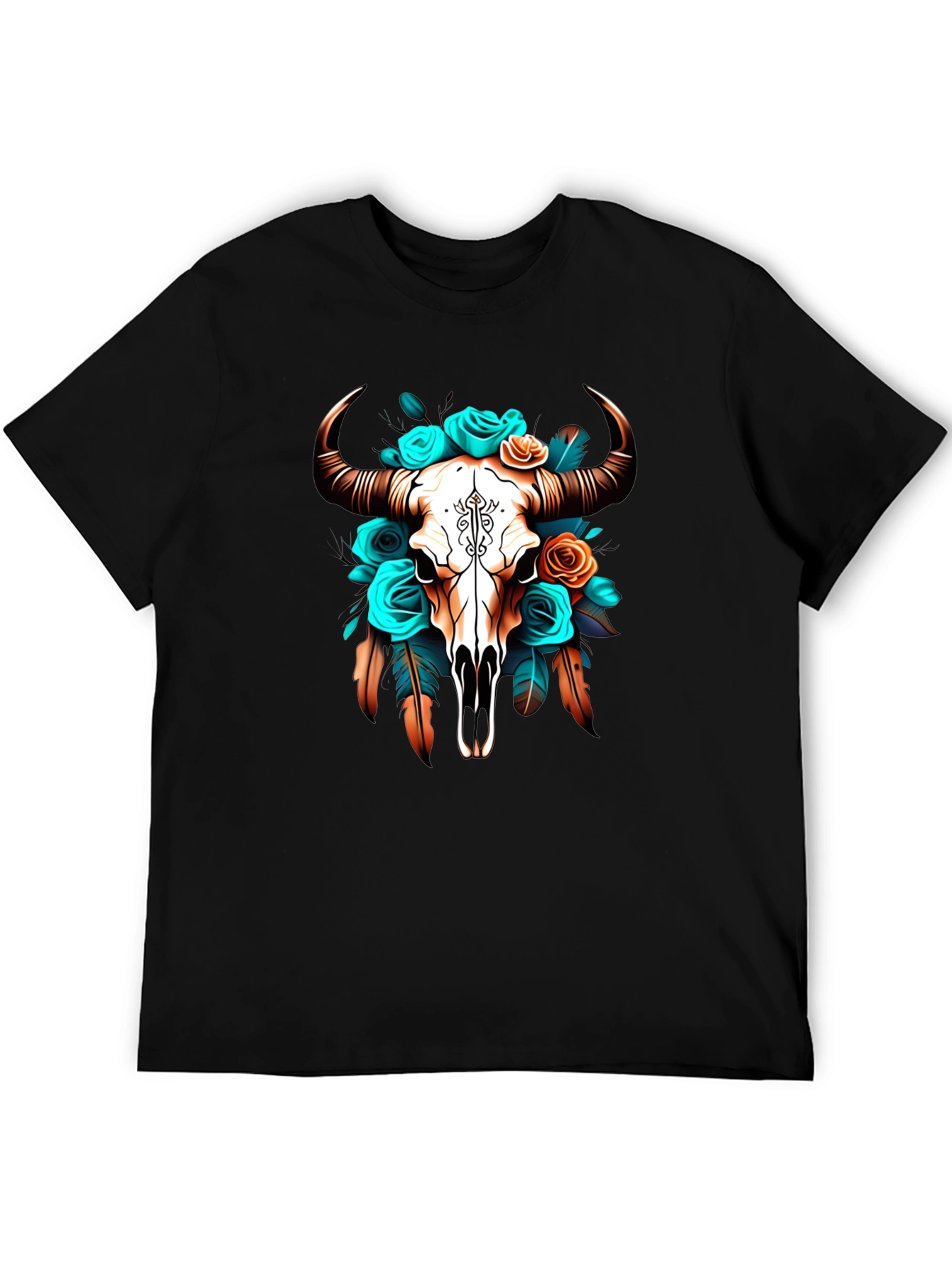 Black Floral Bull Skull Graphic Tee - Western Style view 5