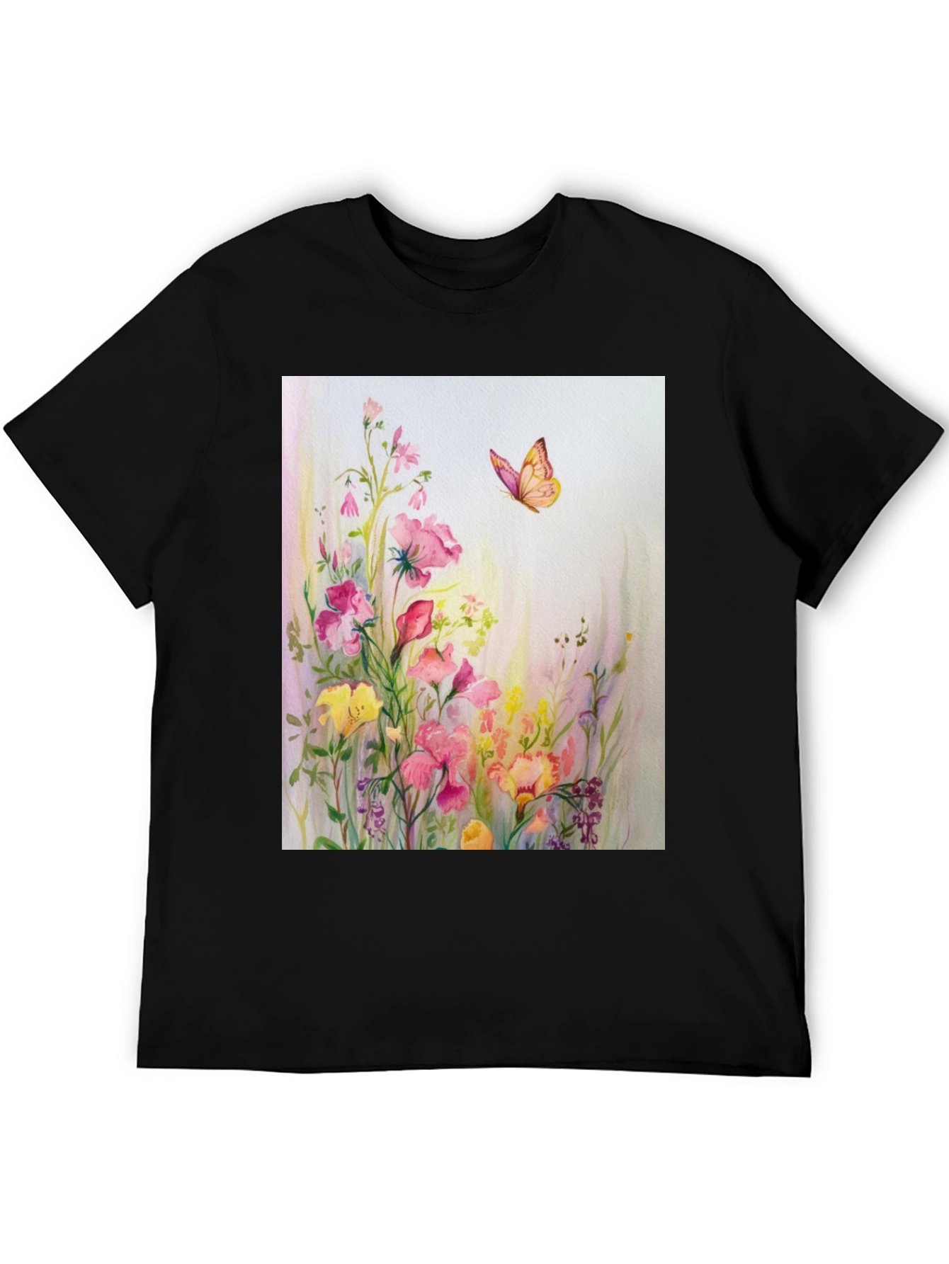 Black Floral Butterfly Print Black T-Shirt view 5